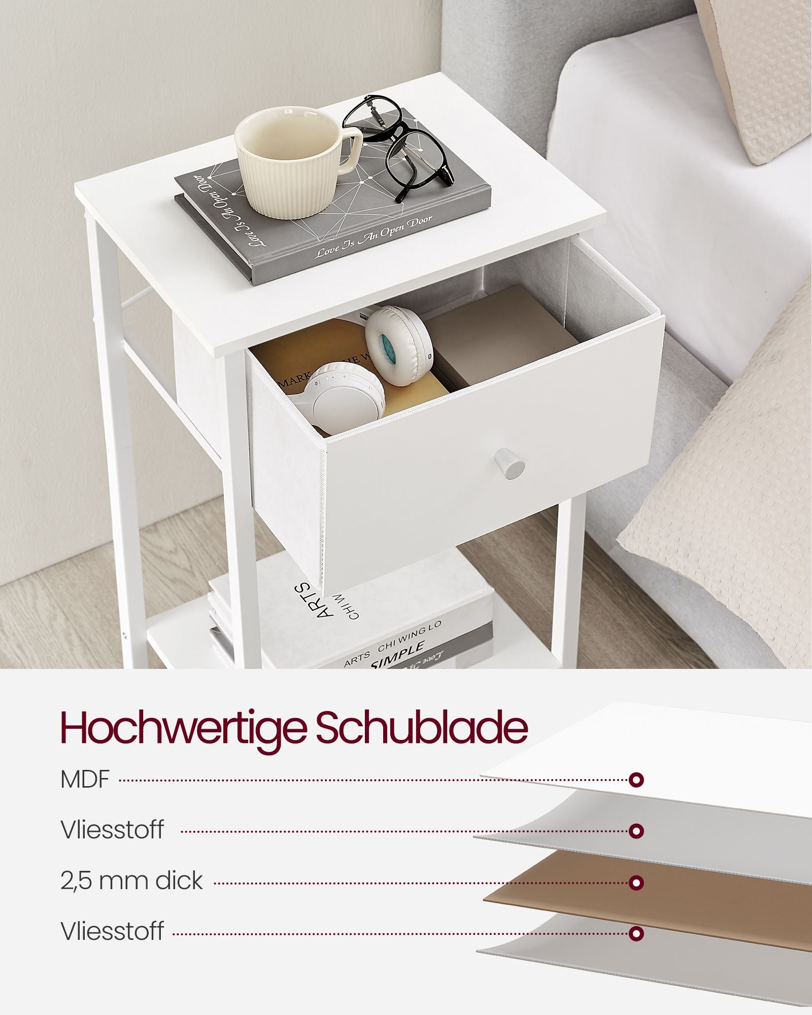 Side table - with fabric drawer - white