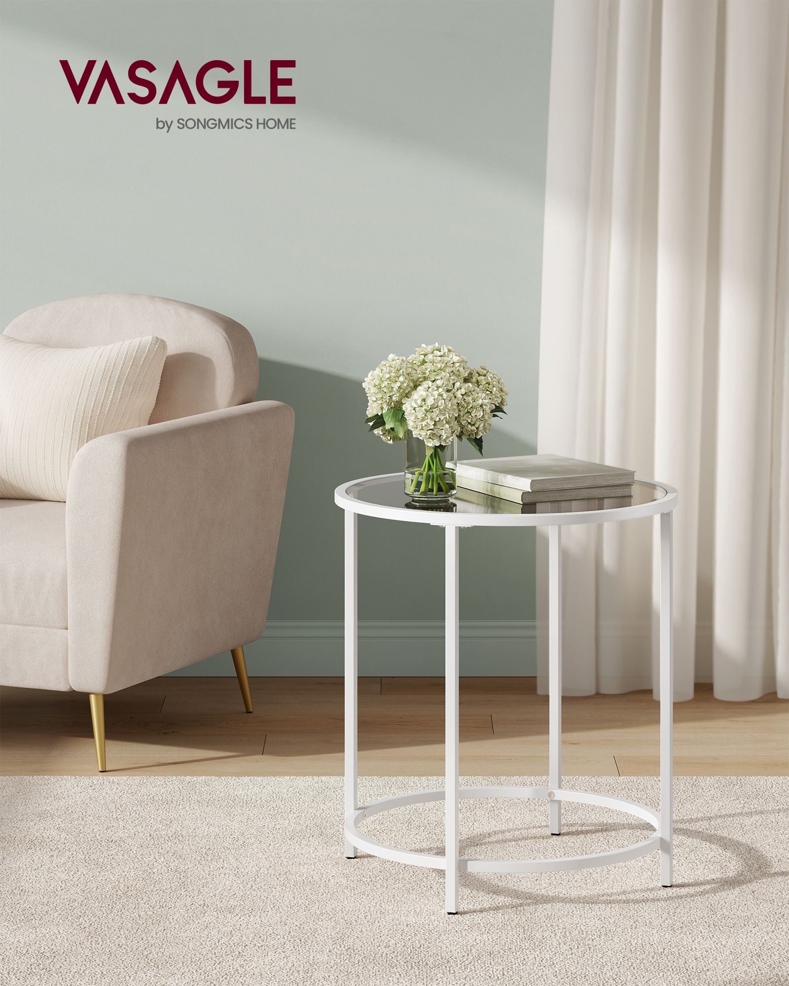 Side table-Round-Tempered Glass-Pearl White-Leigrijs Metal Frame
