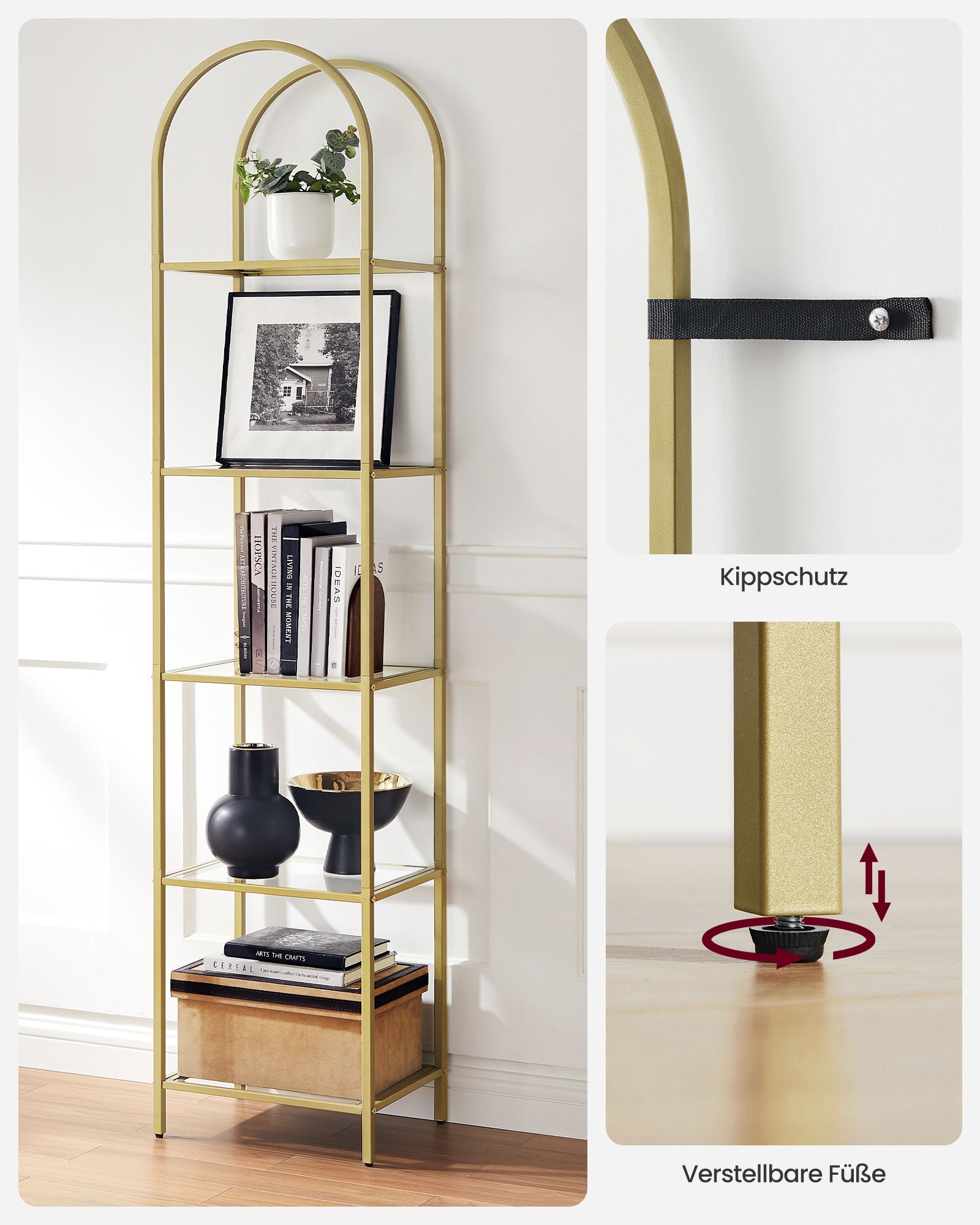 Bookcase-5 levels-Bent metal structure-Gold-colored transparent