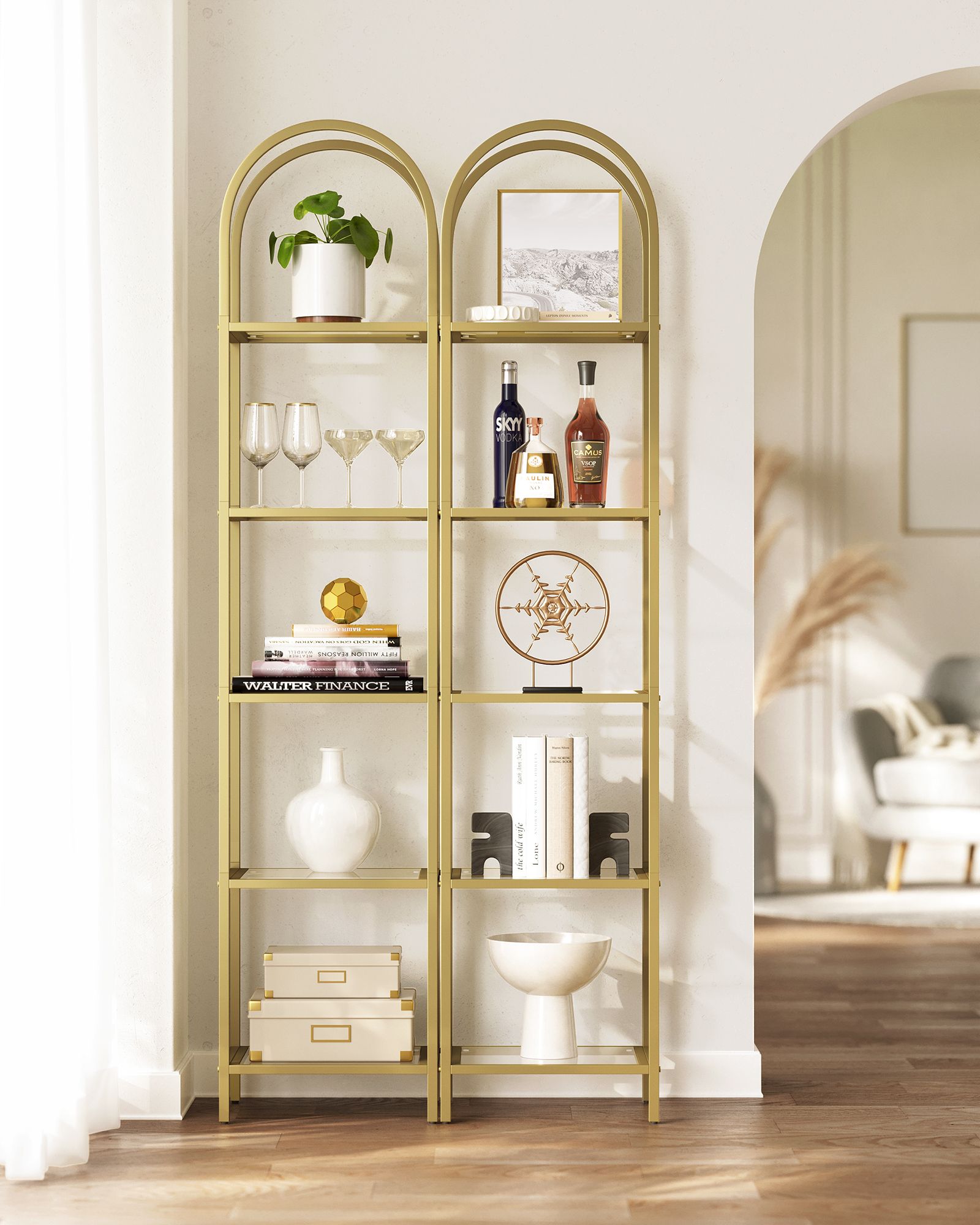 Bookcase-5 levels-Bent metal structure-Gold-colored transparent