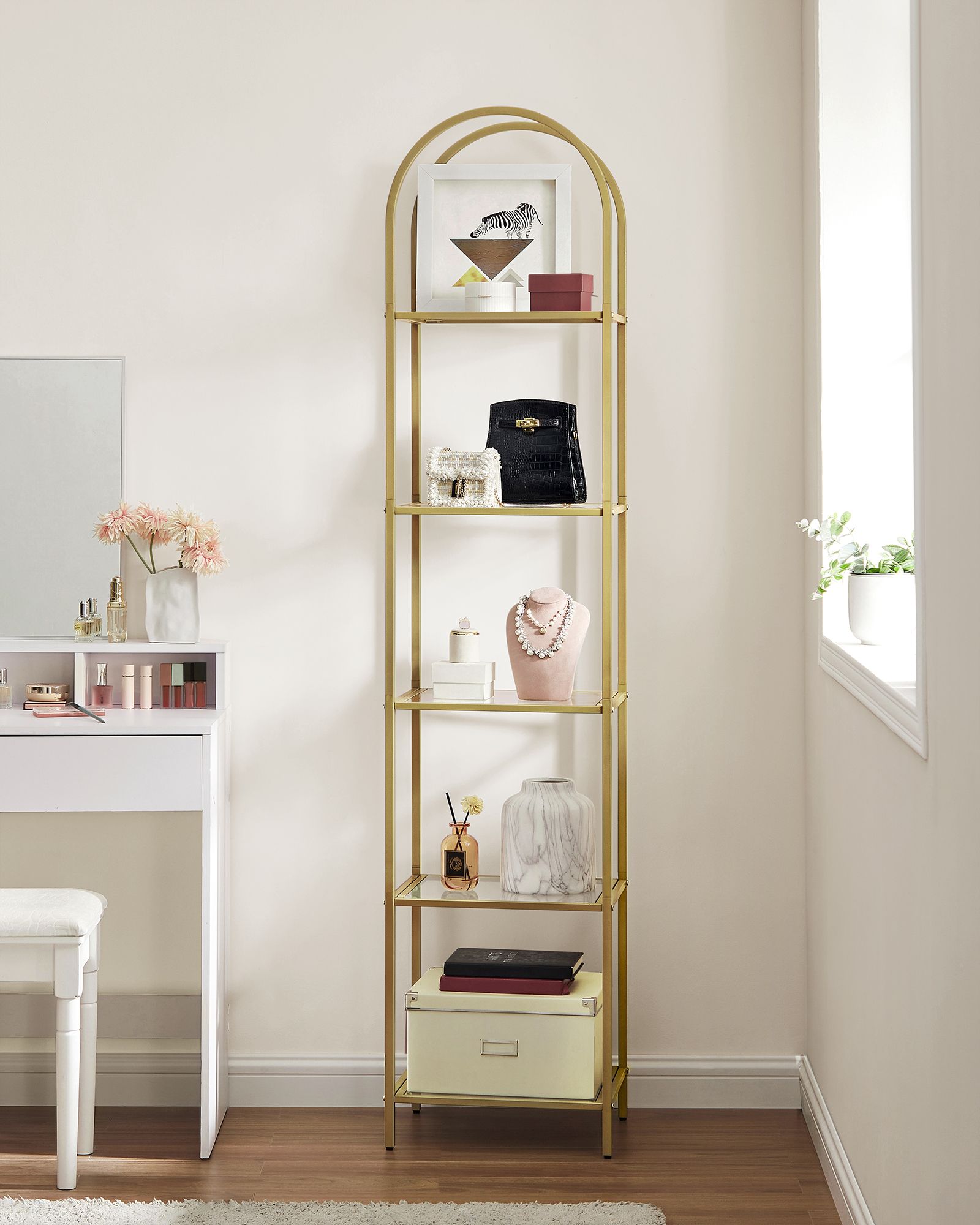 Bookcase-5 levels-Bent metal structure-Gold-colored transparent