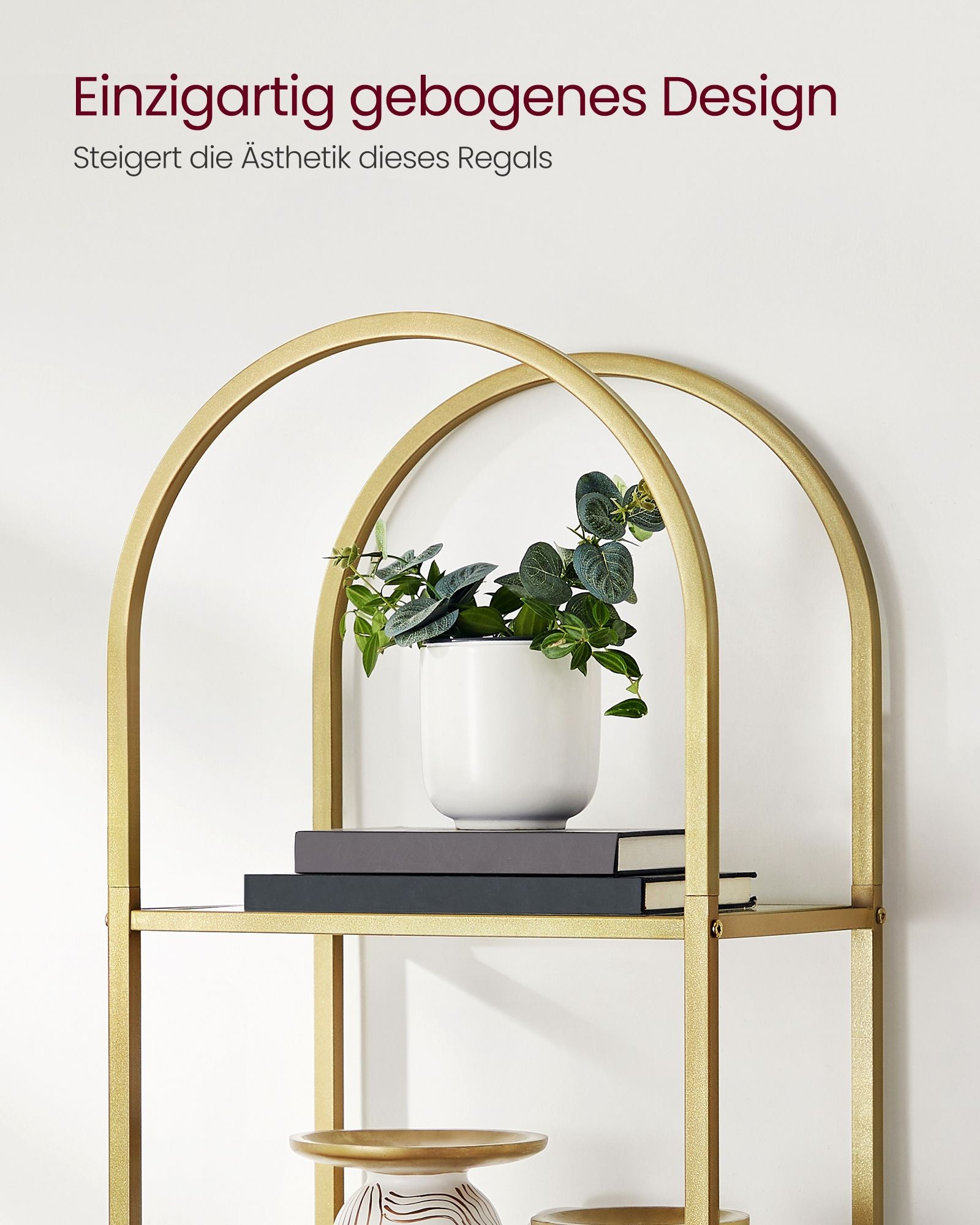 Bookcase-5 levels-Bent metal structure-Gold-colored transparent