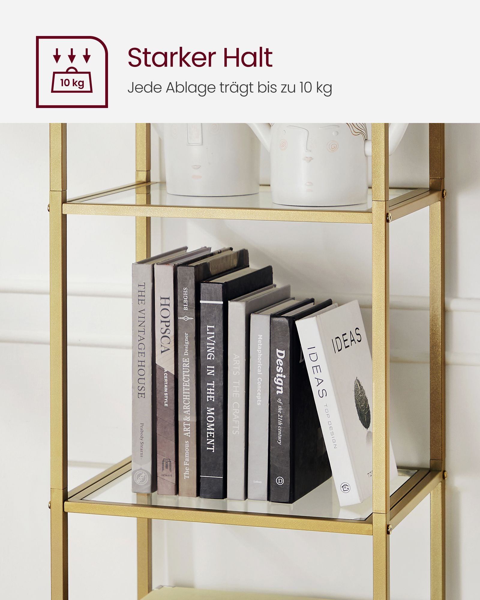 Bookcase-5 levels-Bent metal structure-Gold-colored transparent