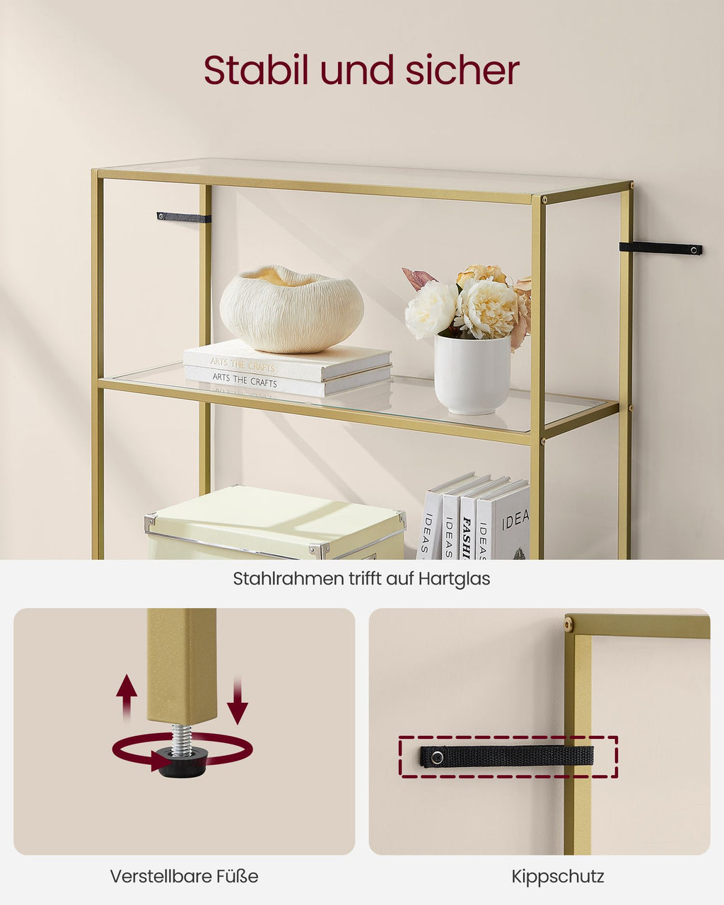 Bathroom shelf - Tempered Glass - Transparent - Metallic Gold