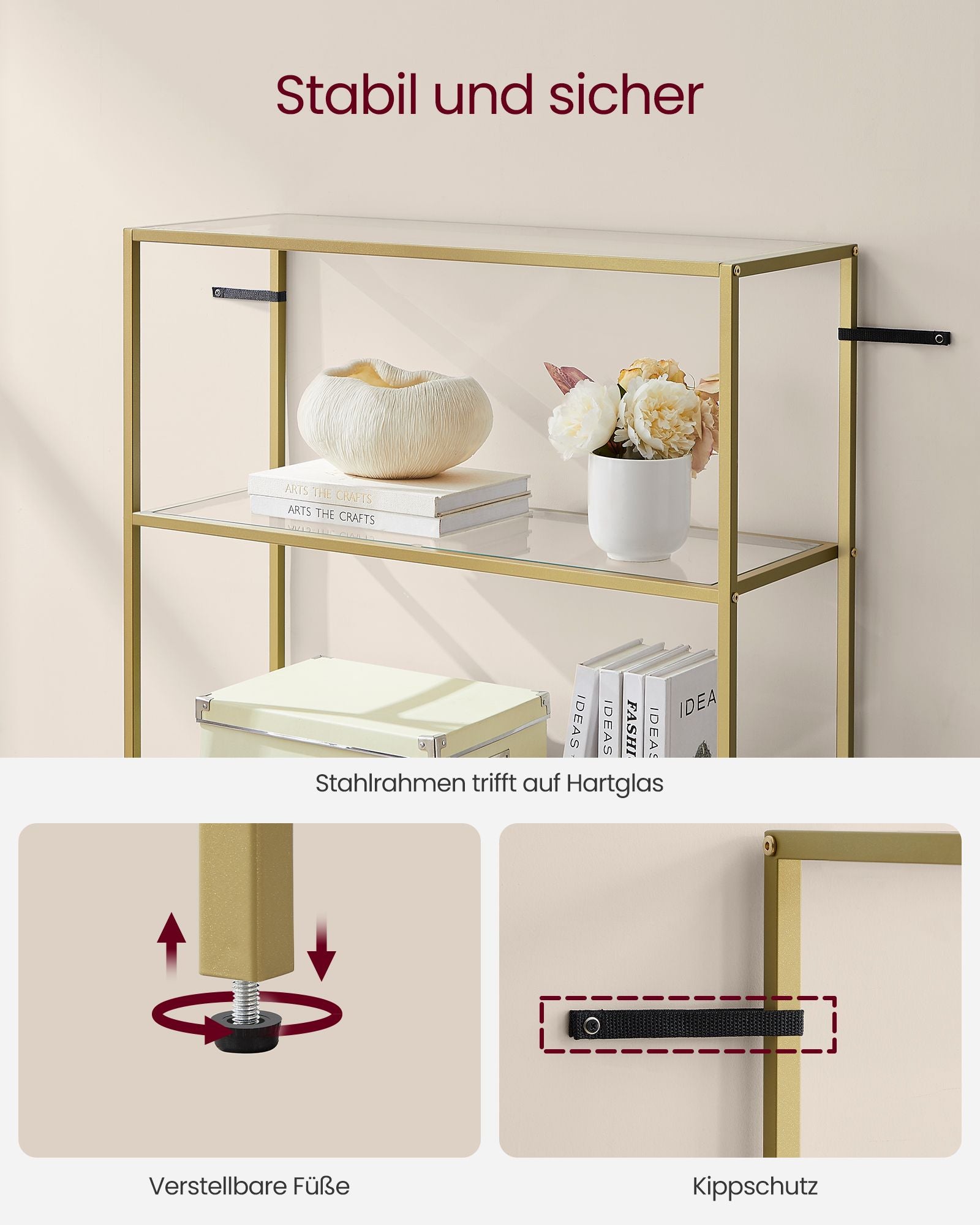 Bathroom shelf - Tempered Glass - Transparent - Metallic Gold