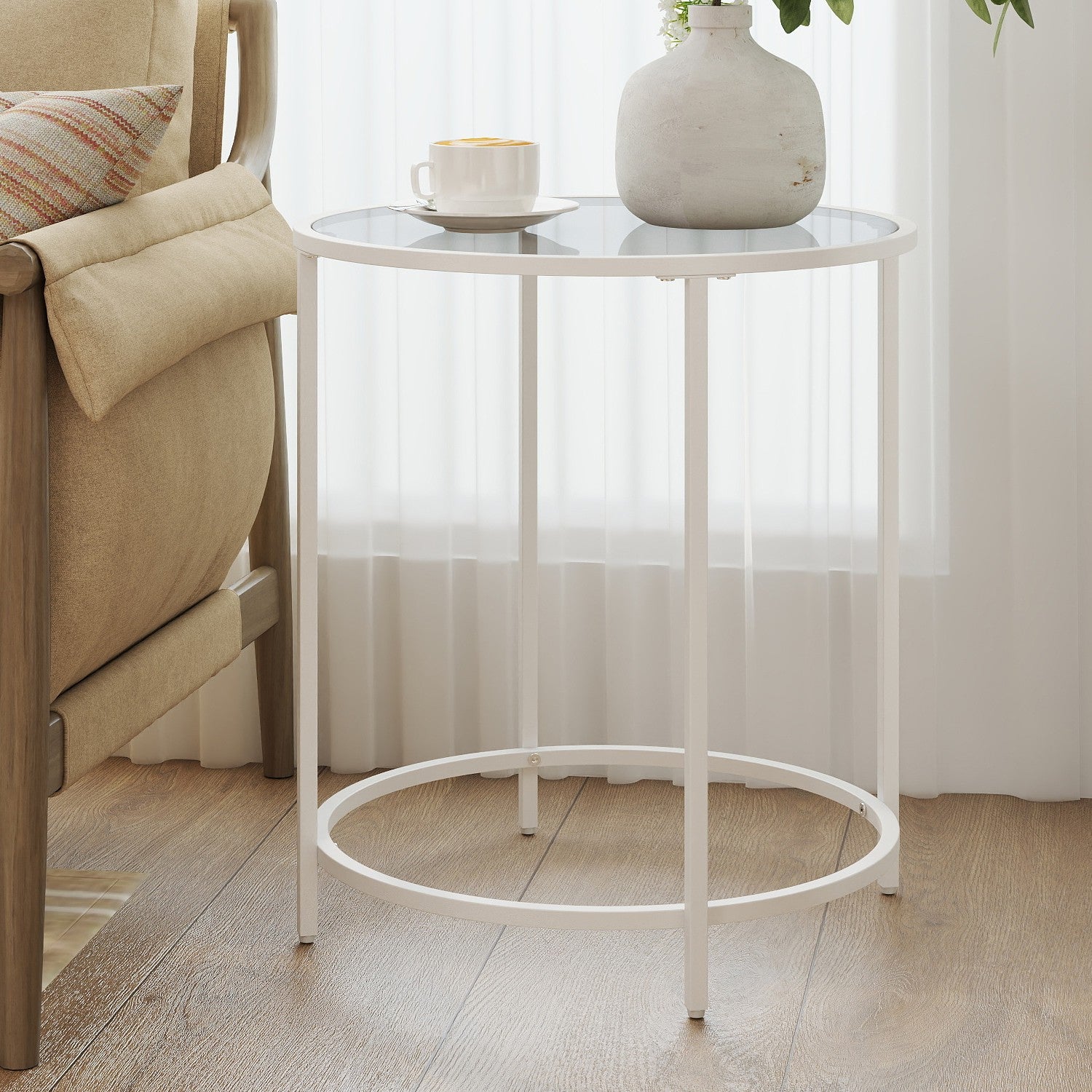 Side table-Round-Tempered Glass-Metal Frame-Pearly White-Leigrijs