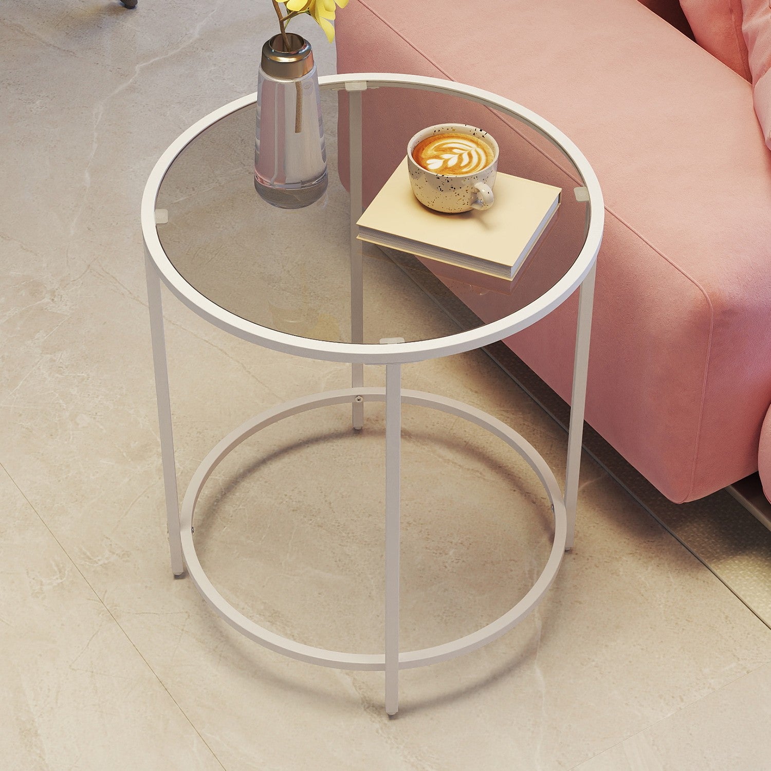 Side table-Round-Tempered Glass-Metal Frame-Pearly White-Leigrijs
