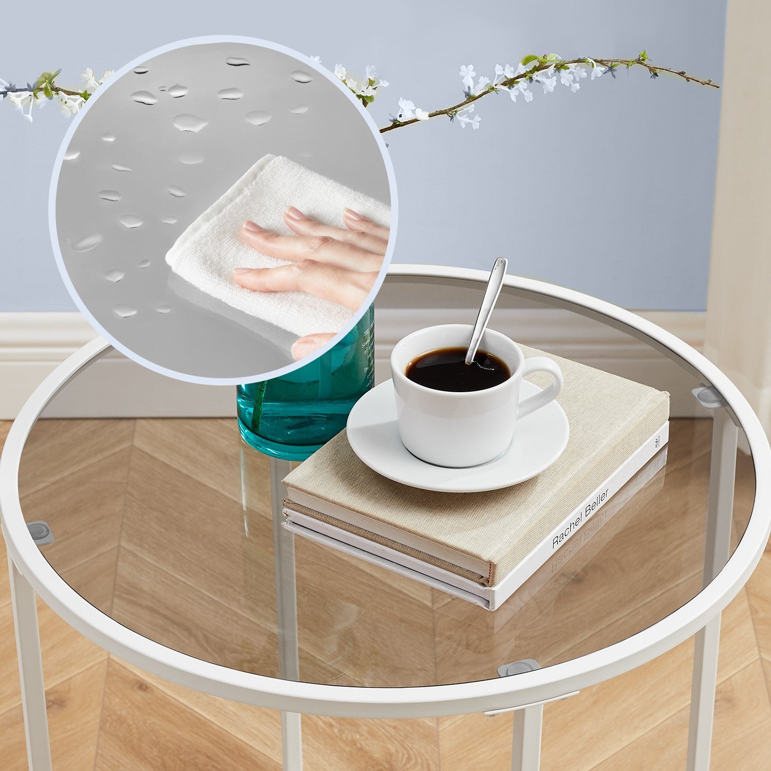 Side table-Round-Tempered Glass-Metal Frame-Pearly White-Leigrijs