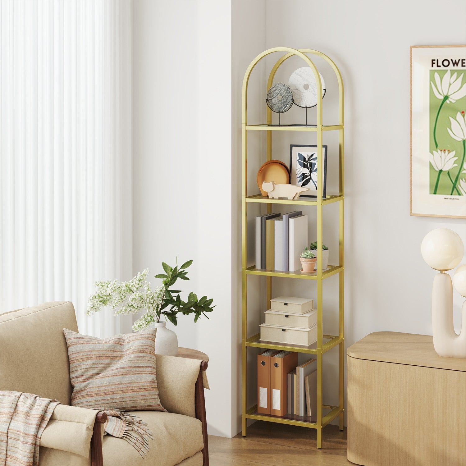5-layer bookcase made of tempered glass, arched storage board