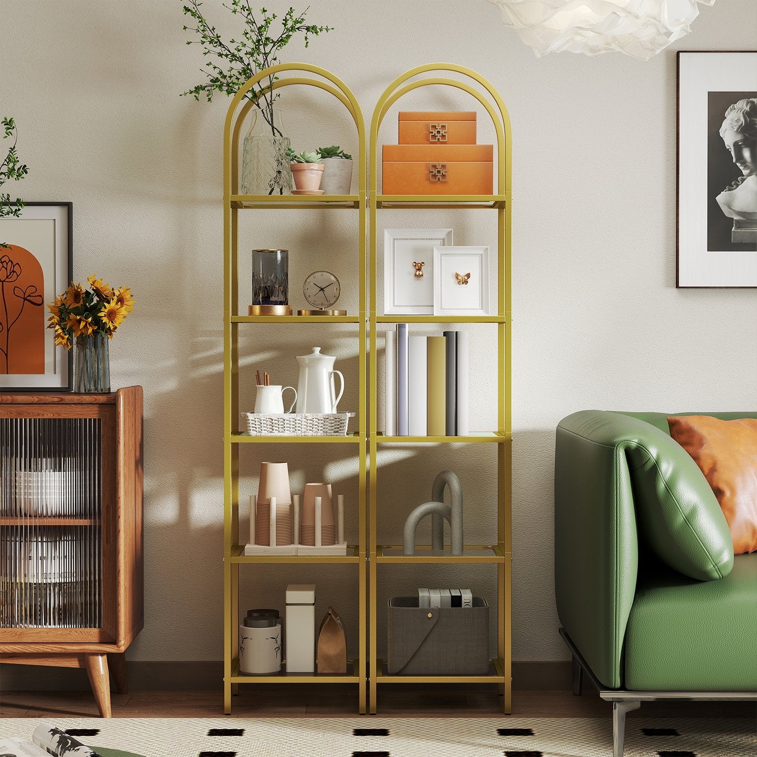 5-layer bookcase made of tempered glass, arched storage board
