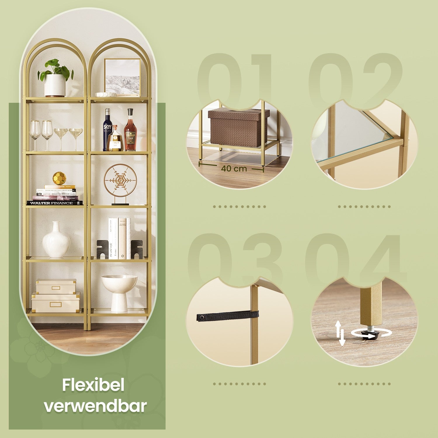 5-layer bookcase made of tempered glass, arched storage board