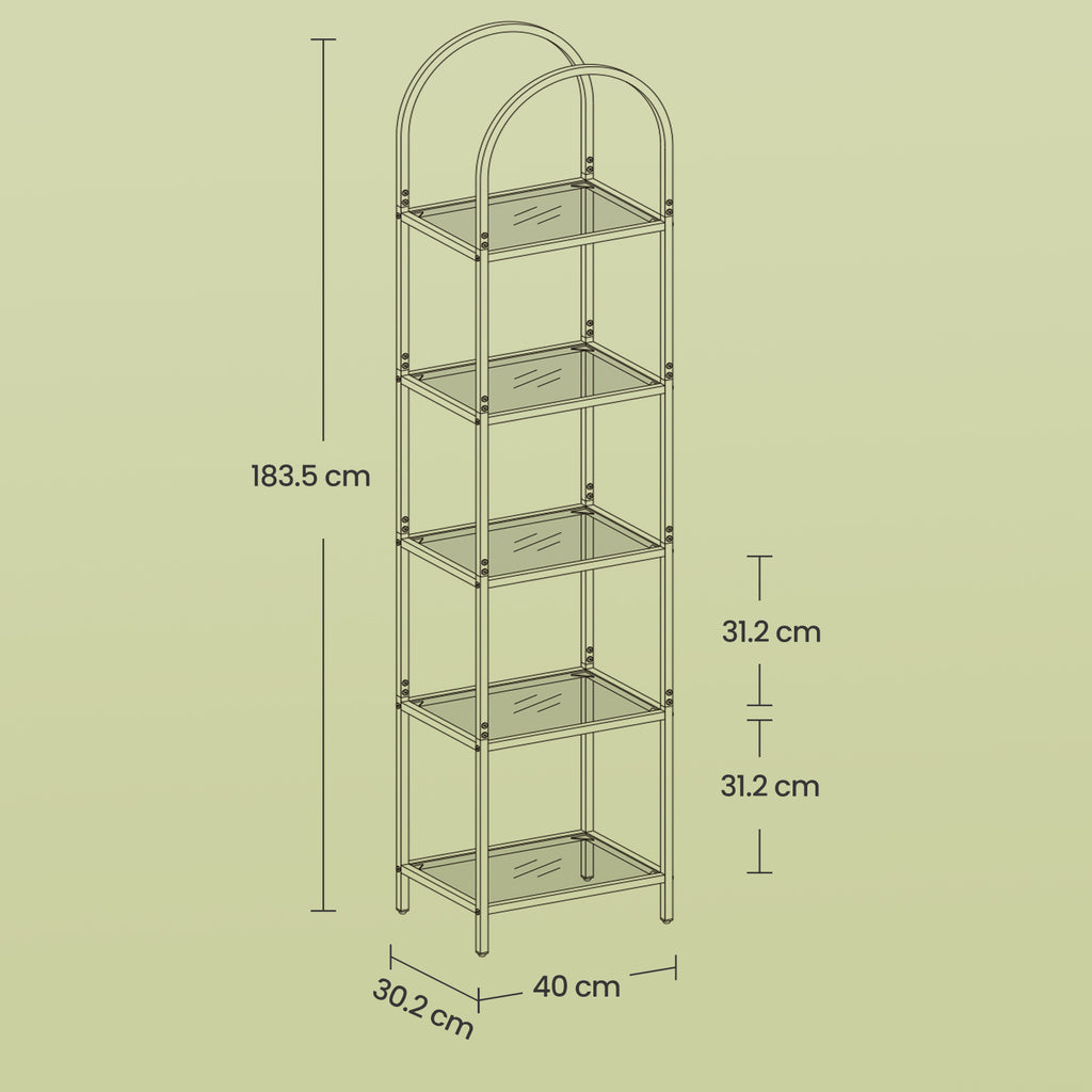 5-layer bookcase made of tempered glass, arched storage board
