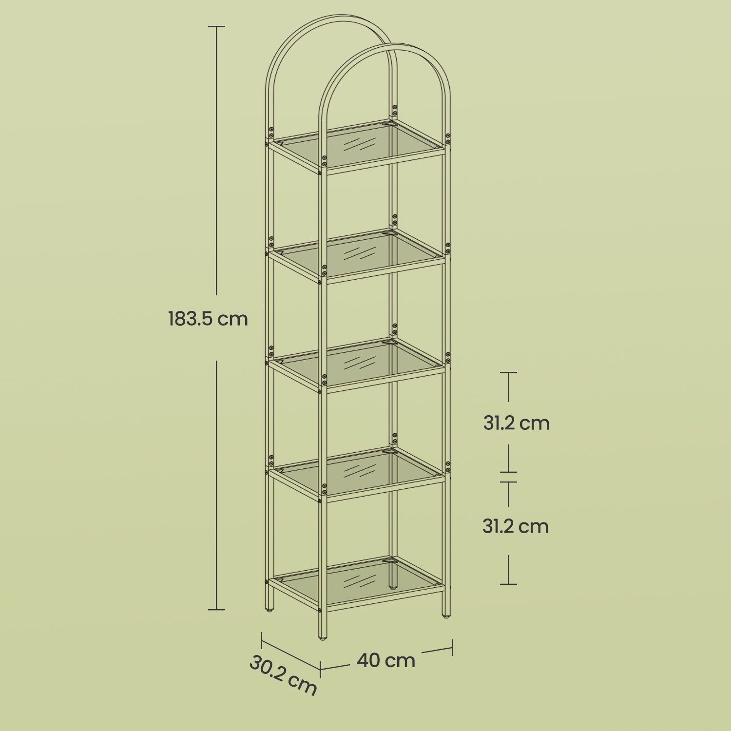 5-layer bookcase made of tempered glass, arched storage board