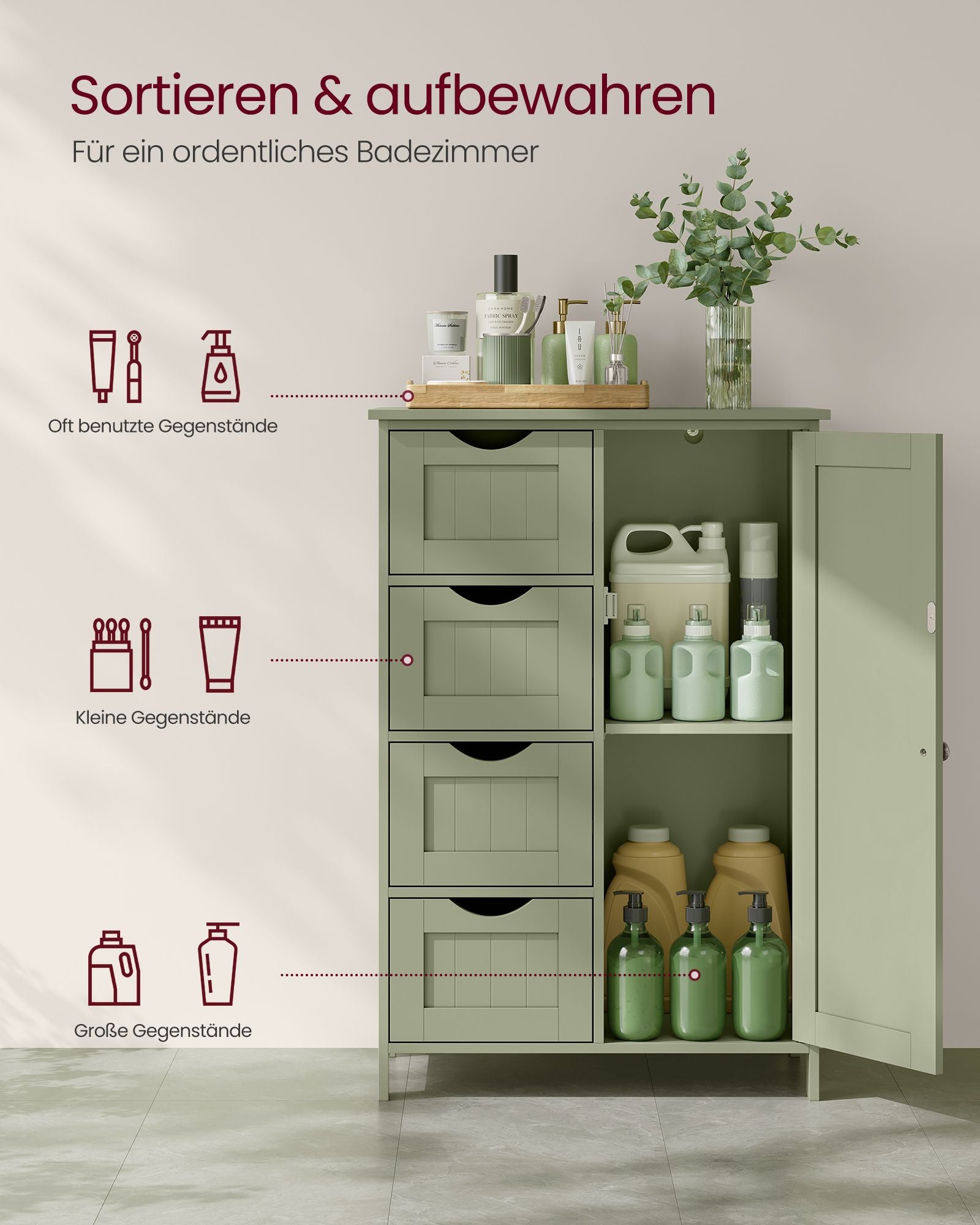 Bathroom cabinet - 4 drawers - 30 × 55 × 82 cm - forest green