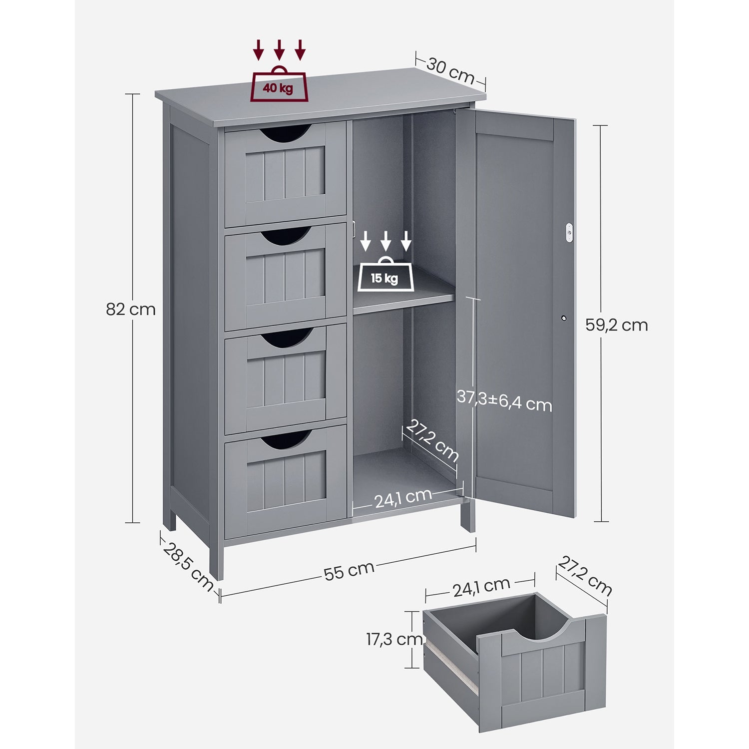 Narrow cupboard - Bathroom cabinet - With 4 drawers - Gray