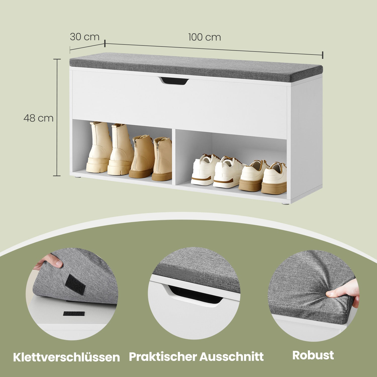 Sofa with 2 compartments, shoe bench with storage space under the lid, 100 x 30 x 48 cm