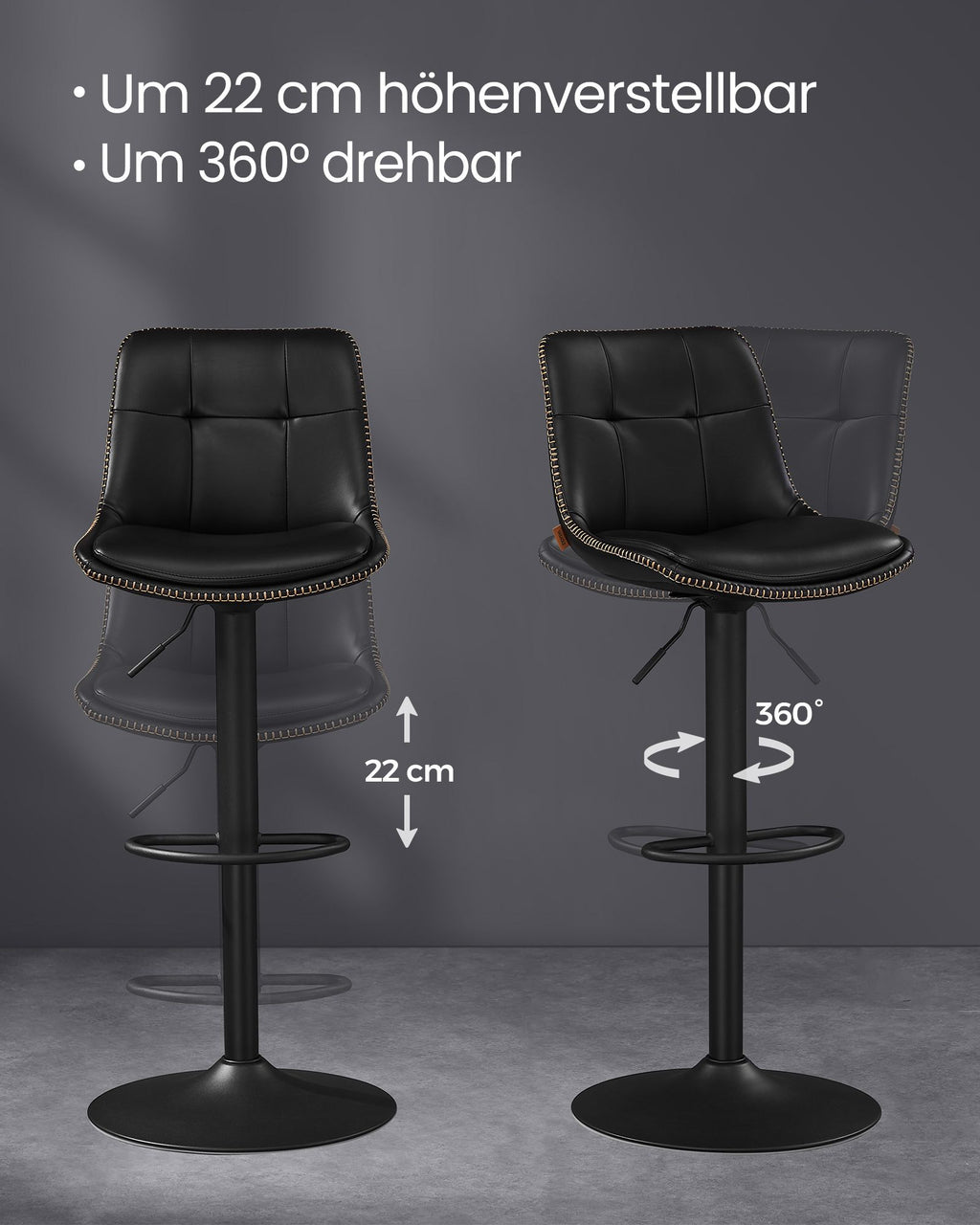 Bar stool - Set of 2 - with backrest - ink black