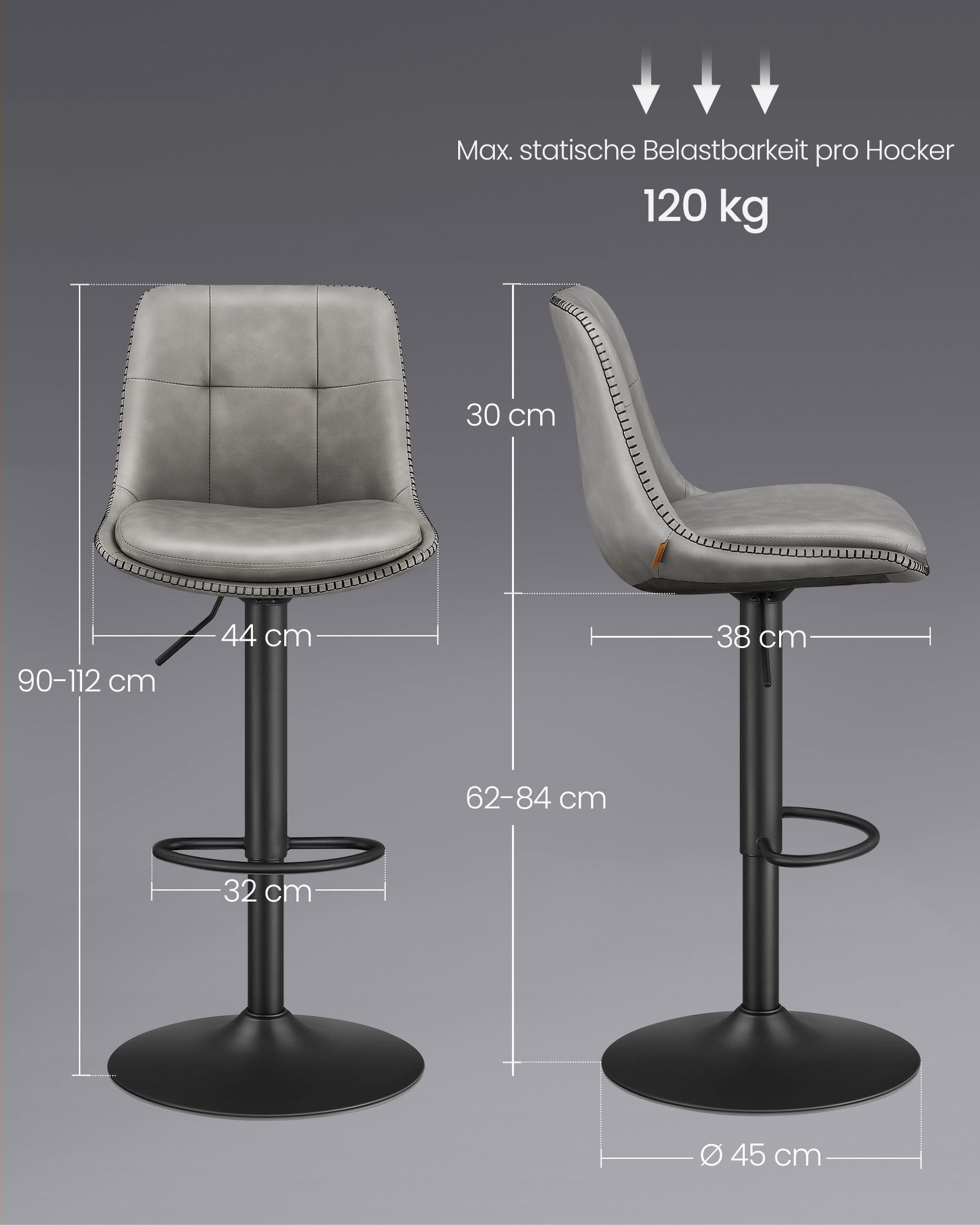 Bar stool - Set of 2 - with footrest - pigeon gray