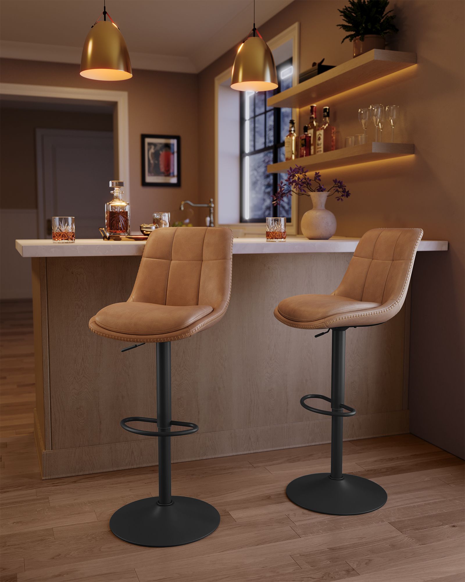 Bar stool - Set of 2 - with backrest - caramel brown