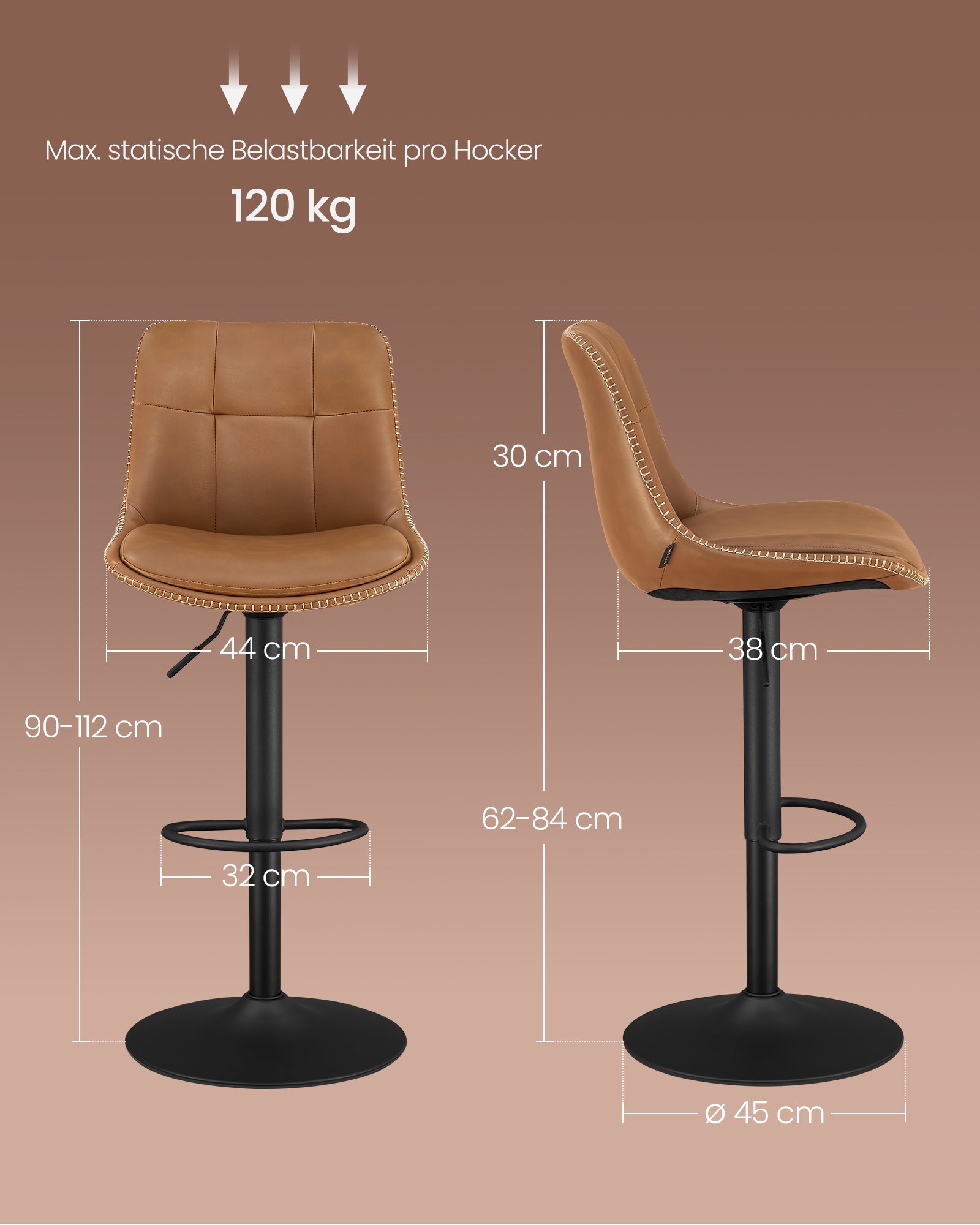 Bar stool - Set of 2 - with backrest - caramel brown