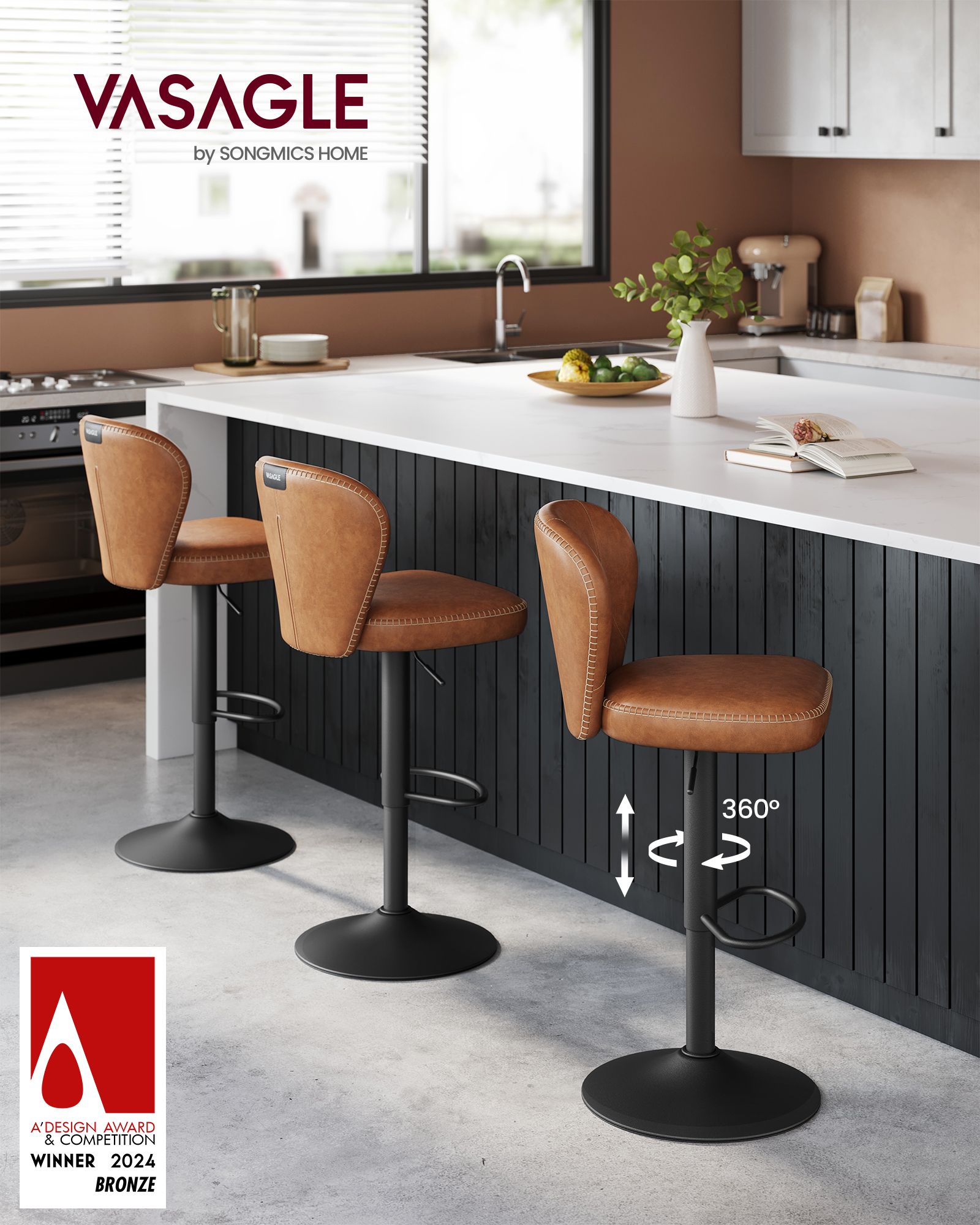 Bar stool set of 2 rotatable with backrest caramel brown