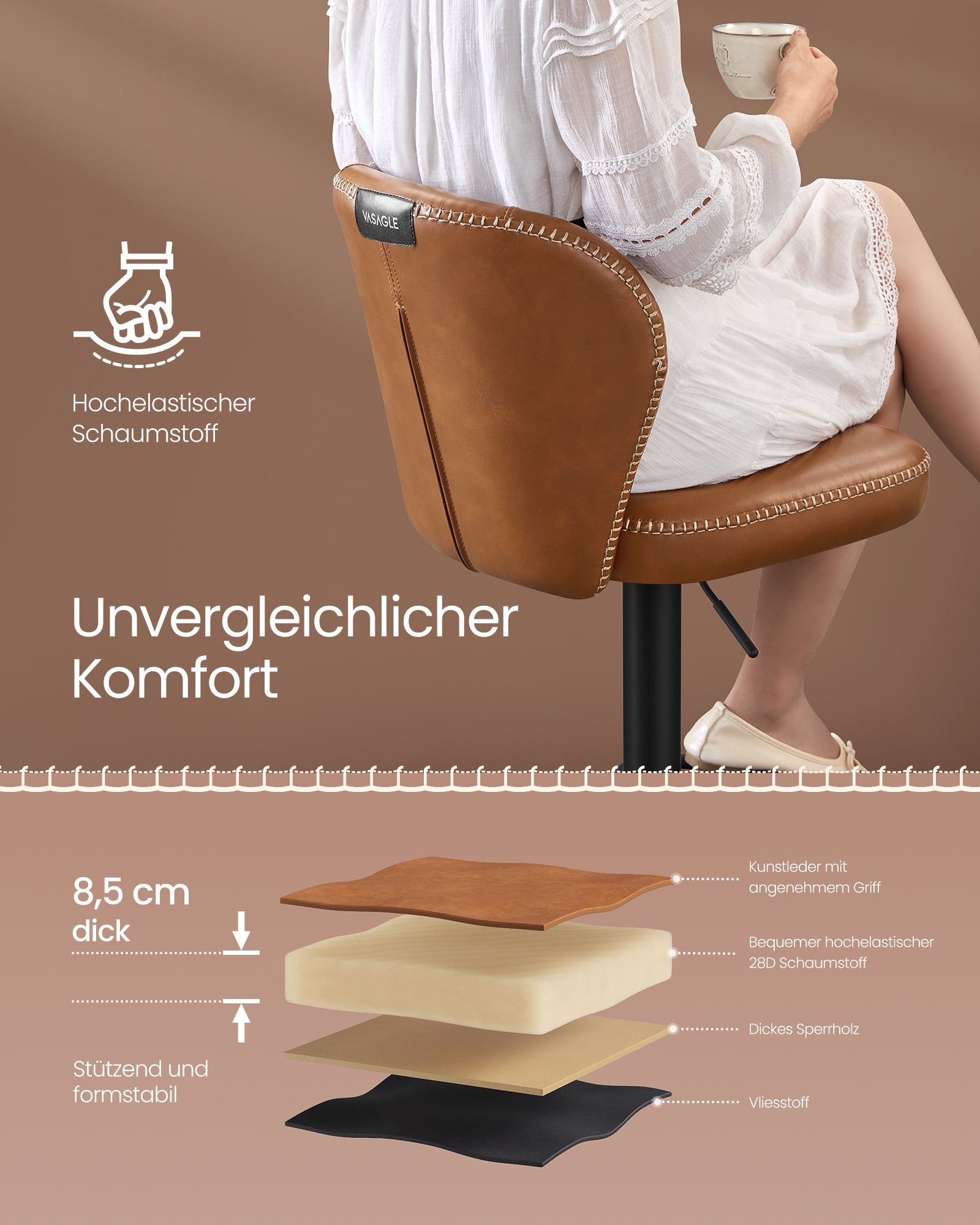 Bar stool set of 2 rotatable with backrest caramel brown