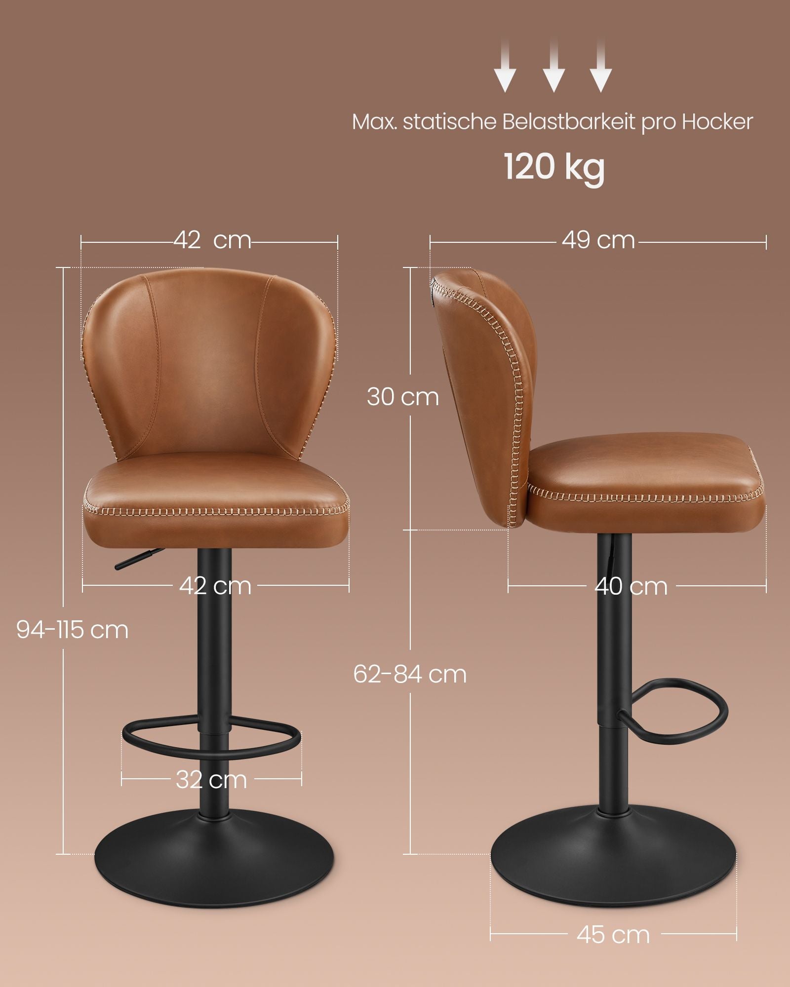 Bar stool set of 2 rotatable with backrest caramel brown