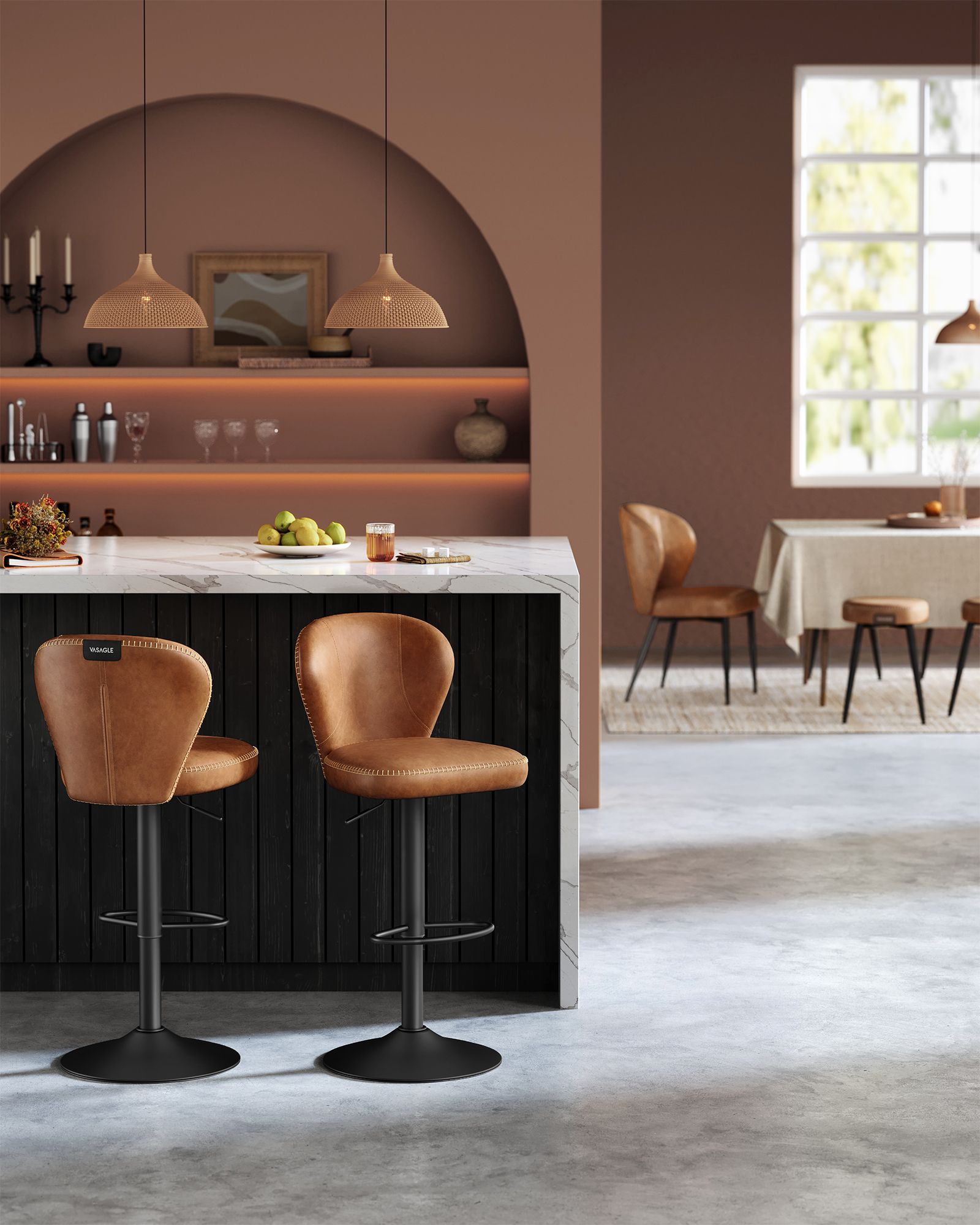Bar stool set of 2 rotatable with backrest caramel brown