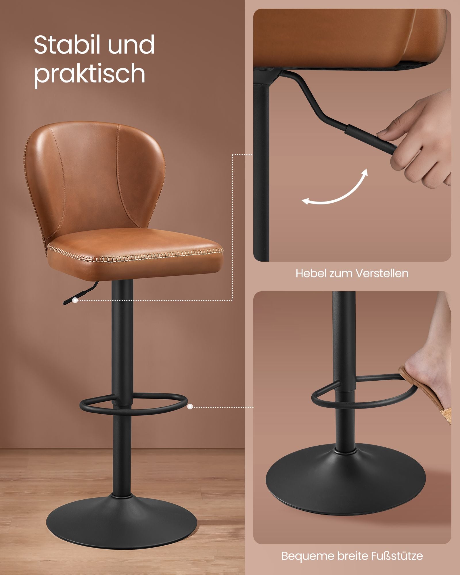 Bar stool set of 2 rotatable with backrest caramel brown