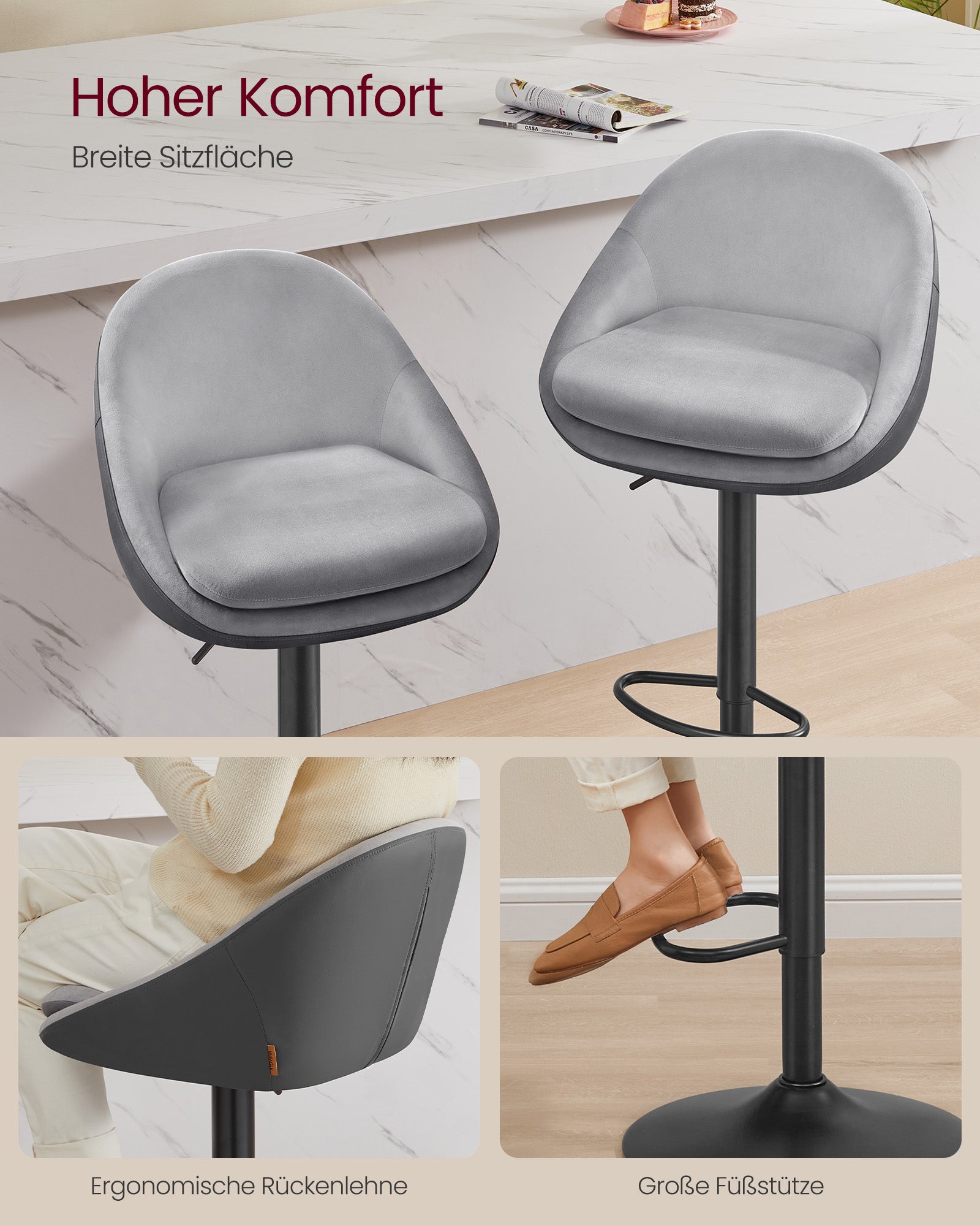 Bar stool set of 2 height-adjustable pigeon gray-black-black