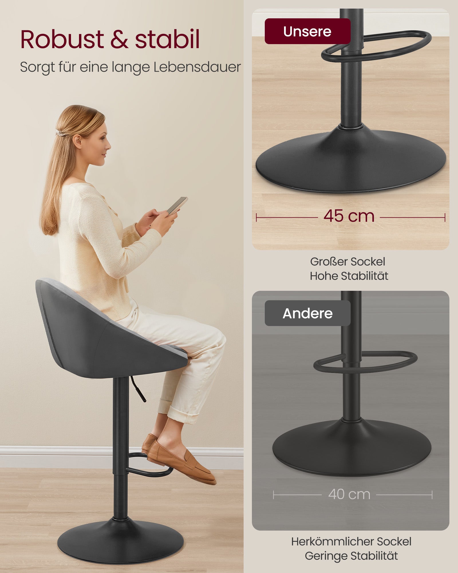Bar stool set of 2 height-adjustable pigeon gray-black-black