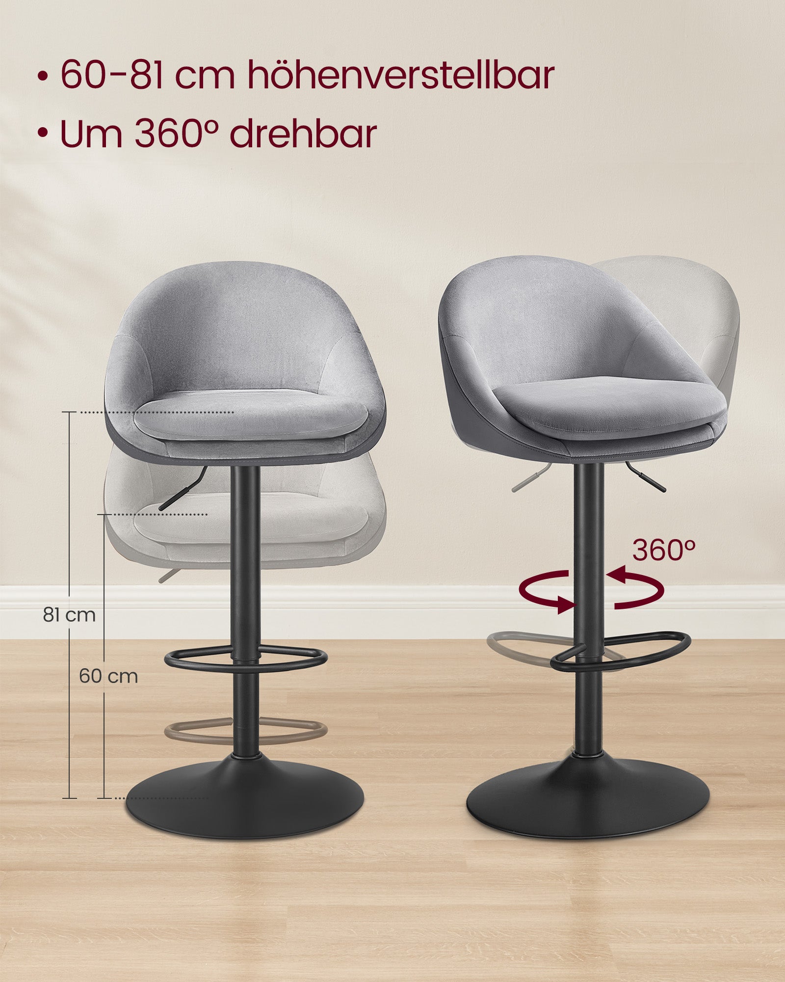 Bar stool set of 2 height-adjustable pigeon gray-black-black