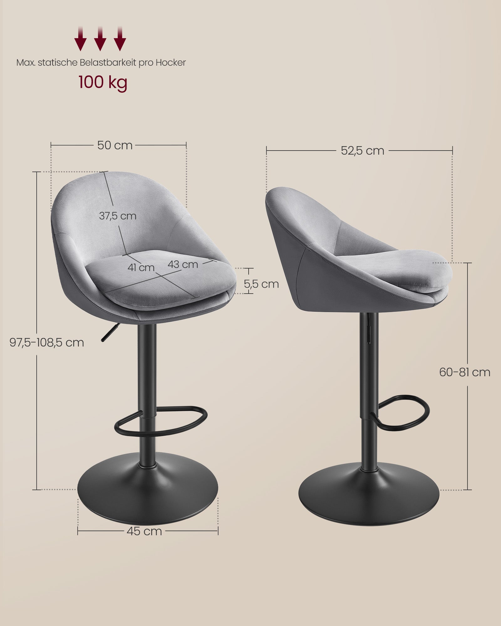 Bar stool set of 2 height-adjustable pigeon gray-black-black