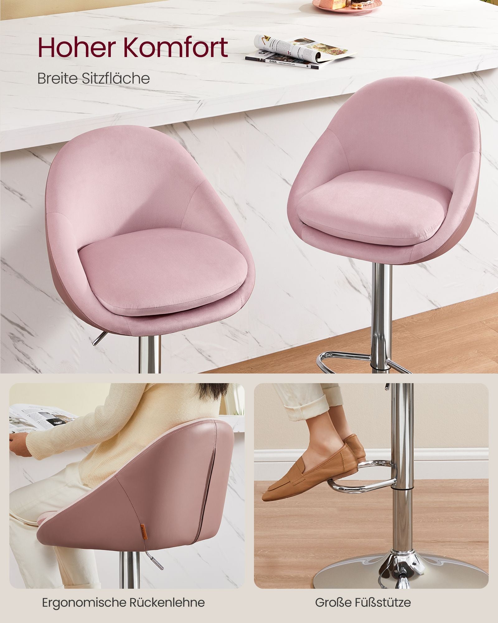 Bar stool - Set of 2 - height adjustable - Pastel pink & silver gray