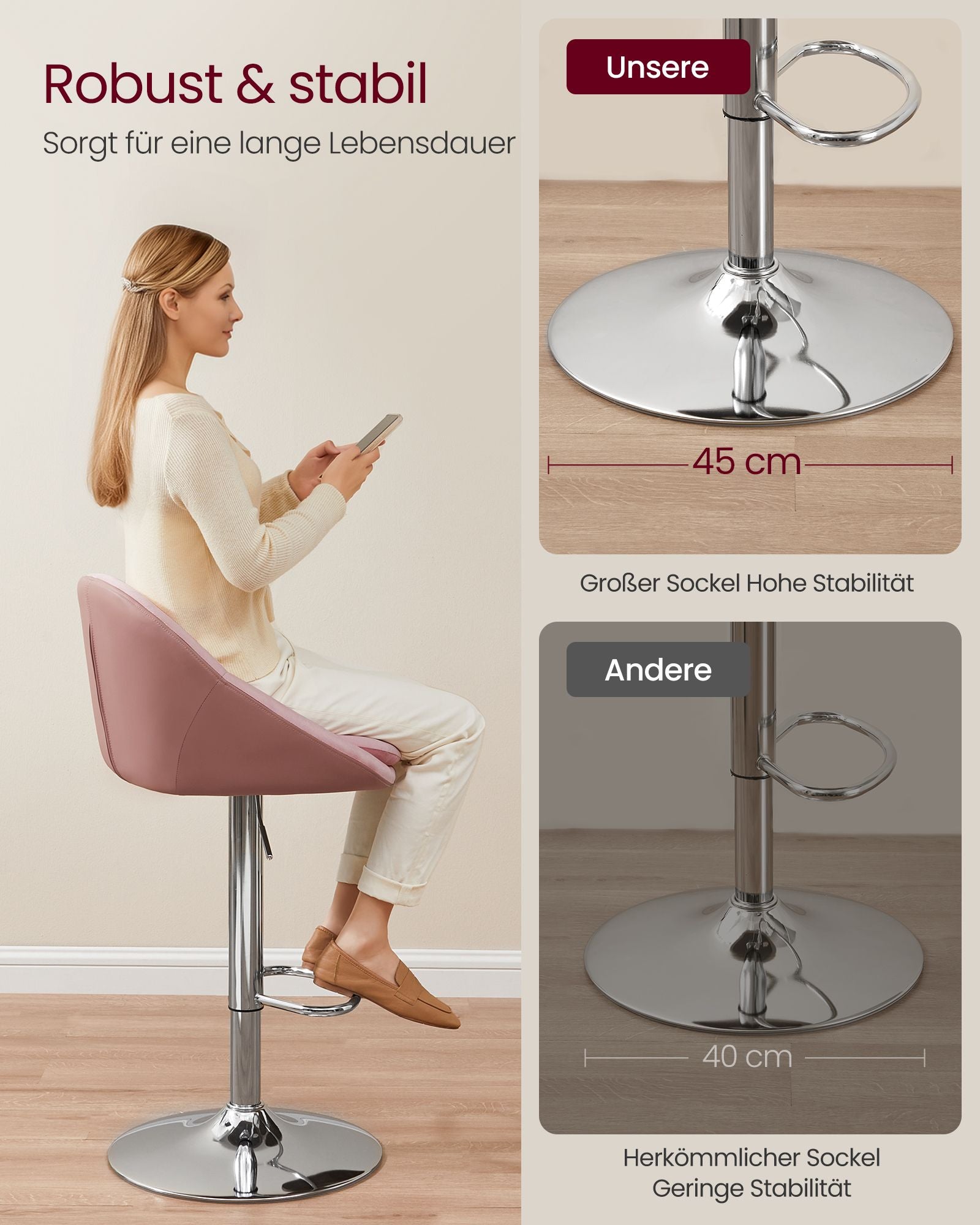 Bar stool - Set of 2 - height adjustable - Pastel pink & silver gray