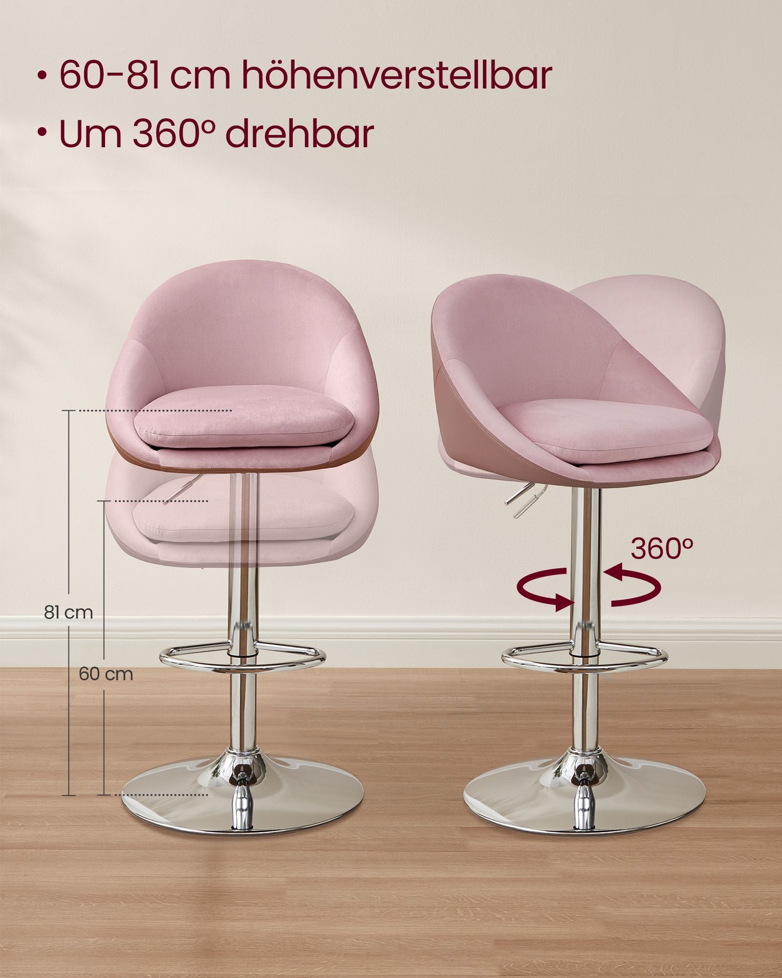 Bar stool - Set of 2 - height adjustable - Pastel pink & silver gray