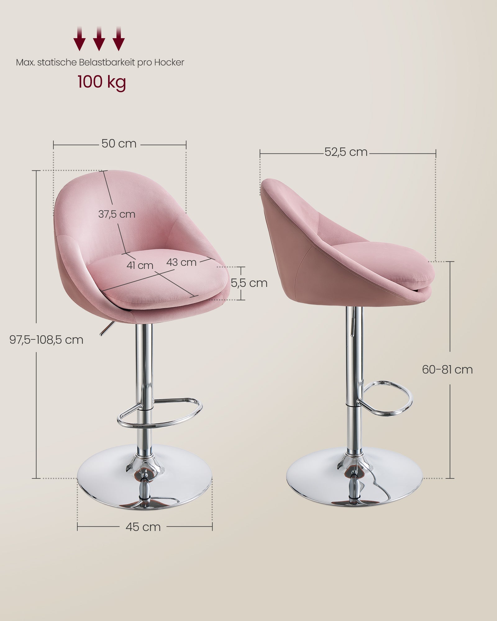 Bar stool - Set of 2 - height adjustable - Pastel pink & silver gray
