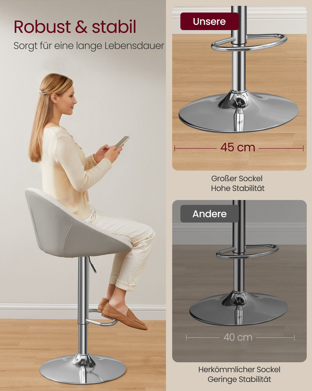 Bar stool set of 2 in height adjustable cream white-silver gray