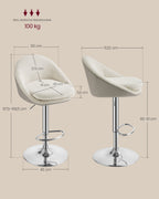 Bar stool set of 2 in height adjustable cream white-silver gray
