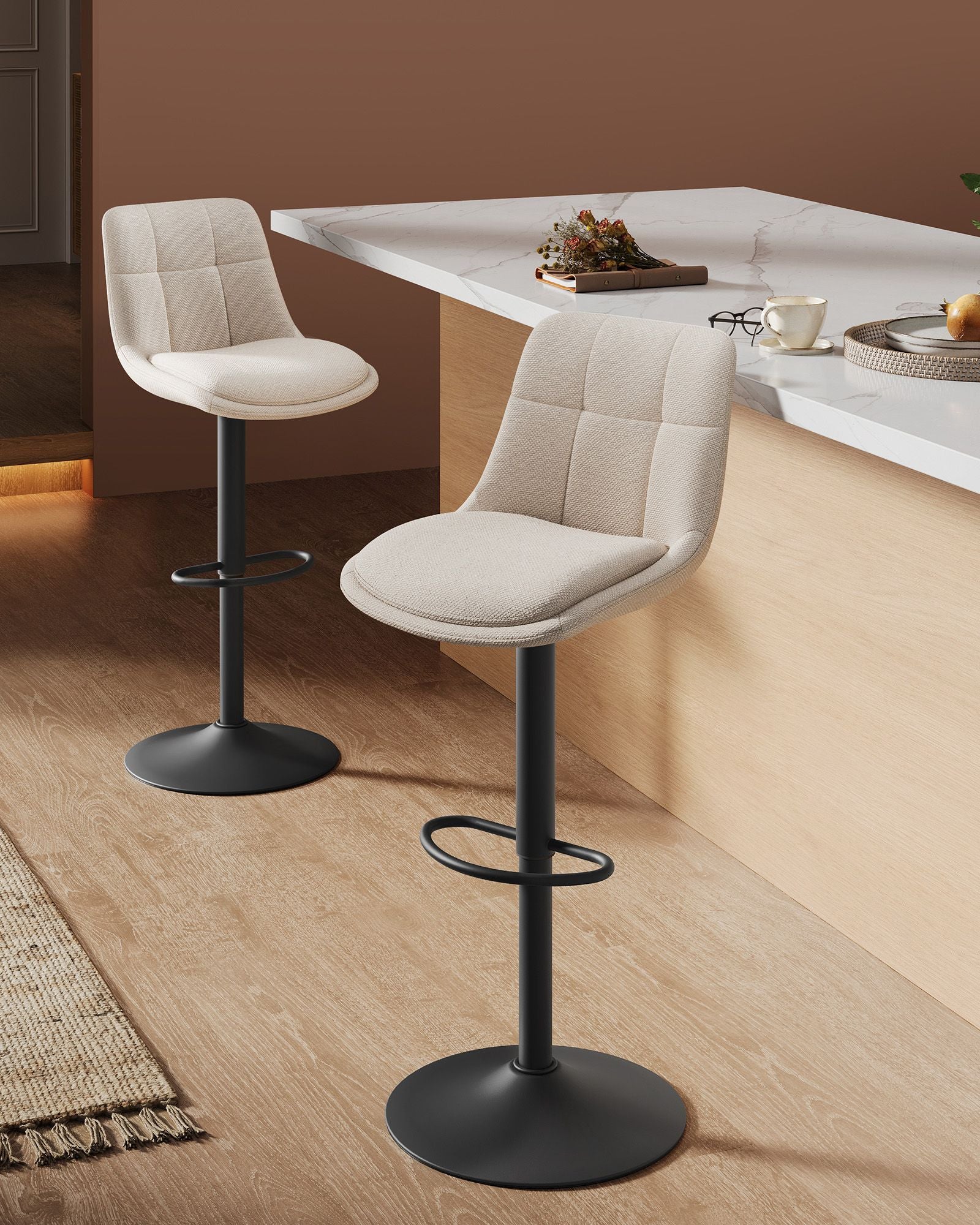 Bar chairs adjustable in height with backrest and footrest cream white