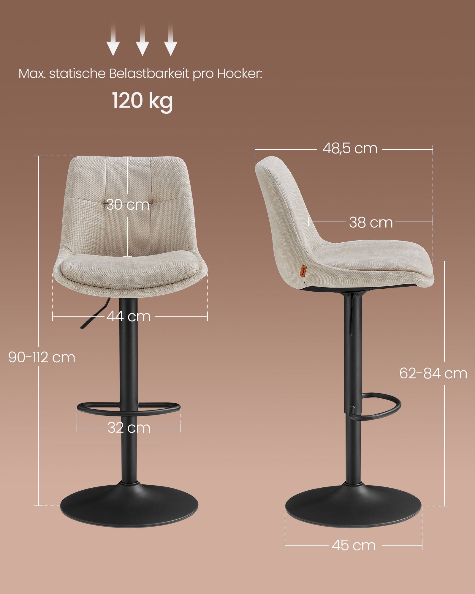 Bar chairs adjustable in height with backrest and footrest cream white