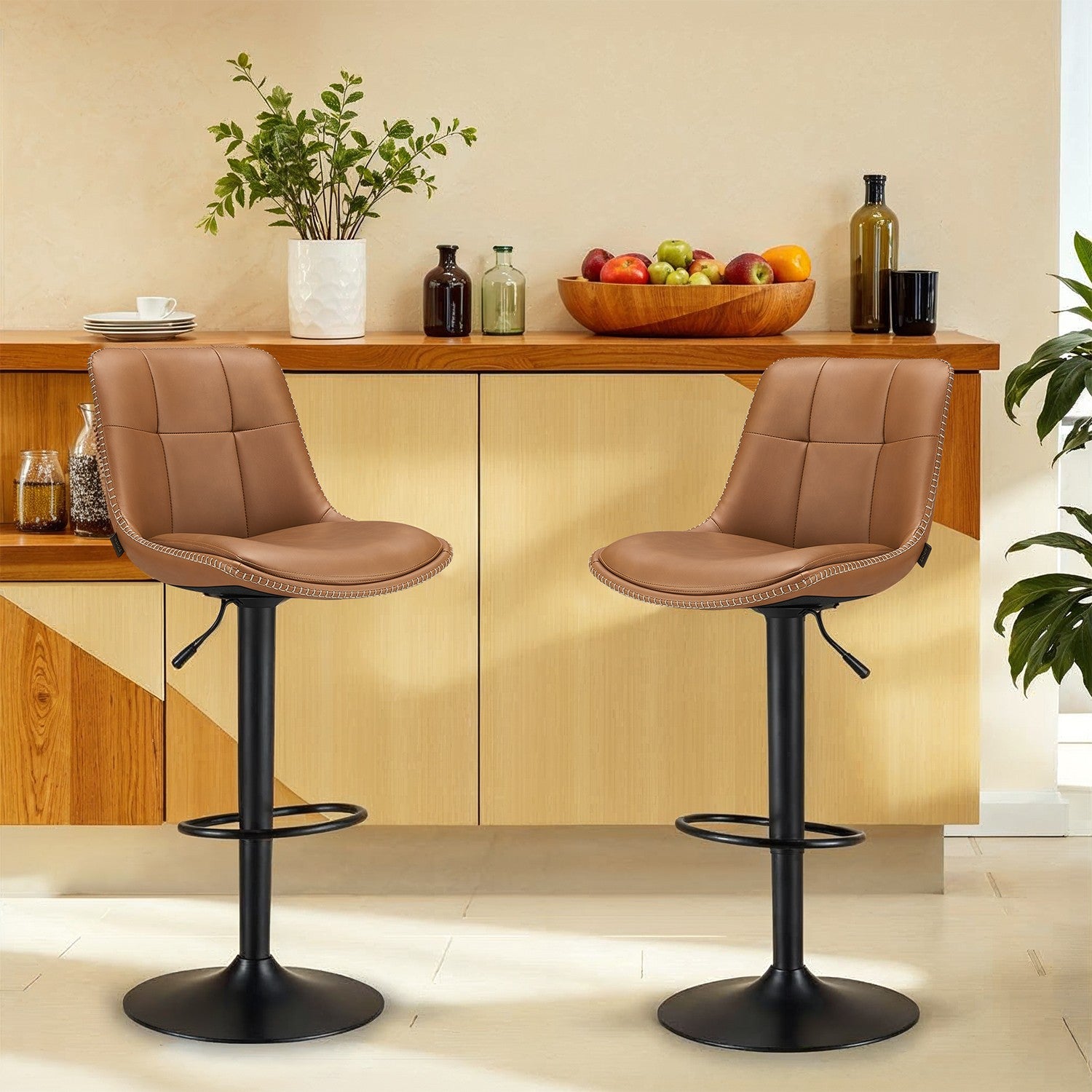Bar stools - Set of 2 - with backrest - caramel brown