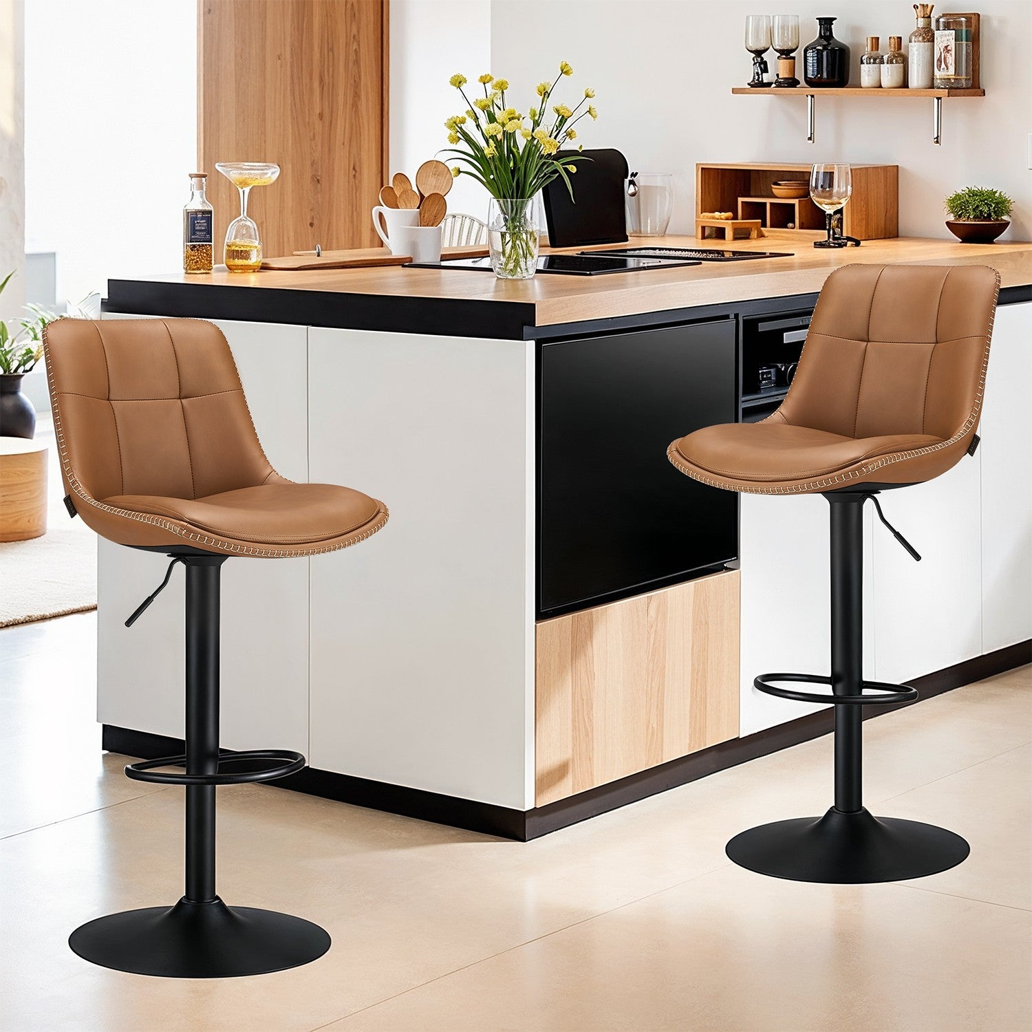 Bar stools - Set of 2 - with backrest - caramel brown