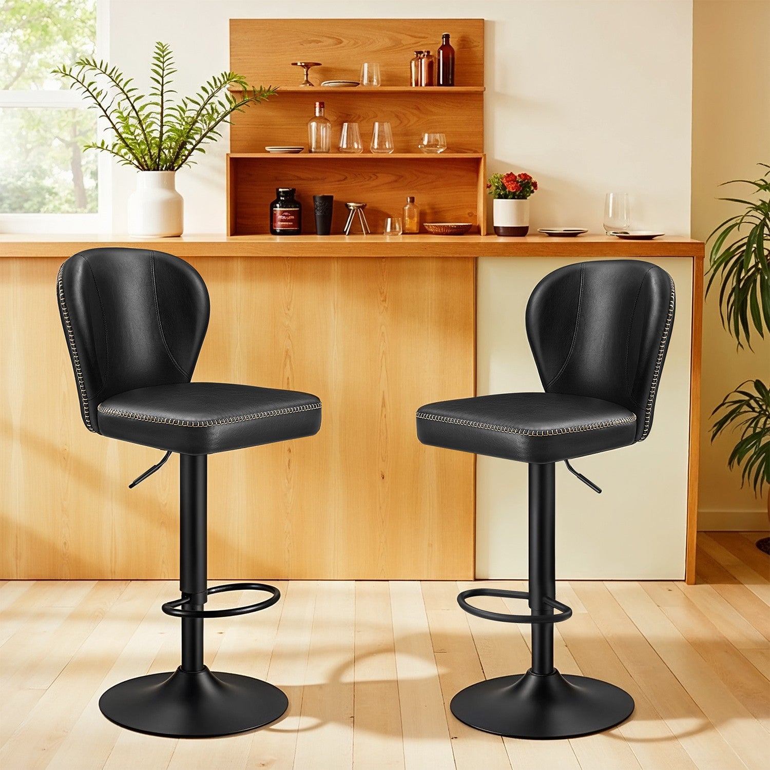 Bar stools - set of 2 - rotatable - with backrest - ink black