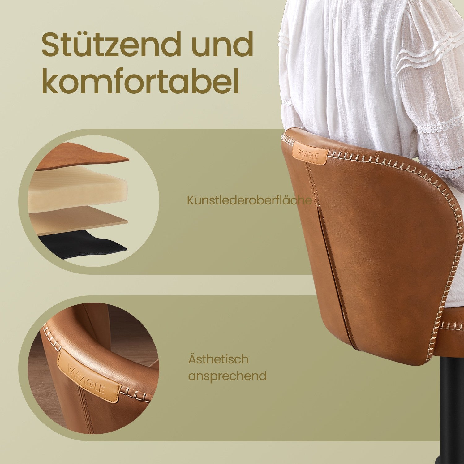 Bar stools - set of 2 - rotatable - with backrest - caramel brown