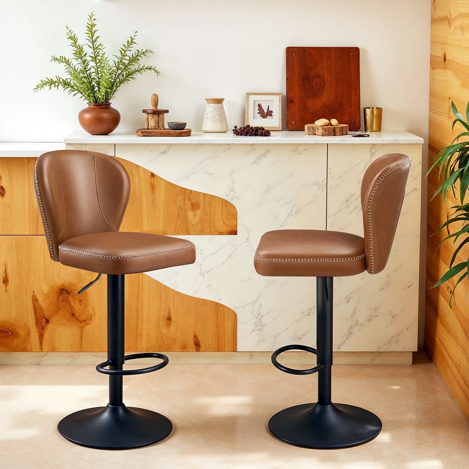 Bar stools - set of 2 - rotatable - with backrest - caramel brown