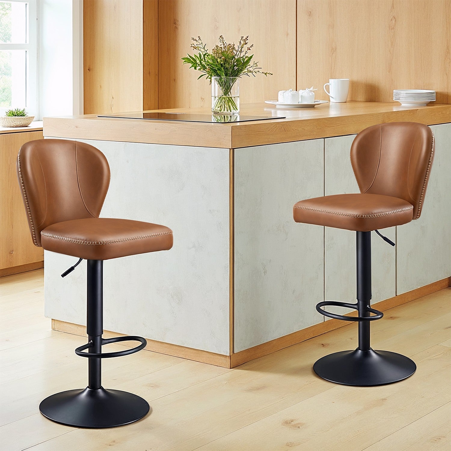 Bar stools - set of 2 - rotatable - with backrest - caramel brown