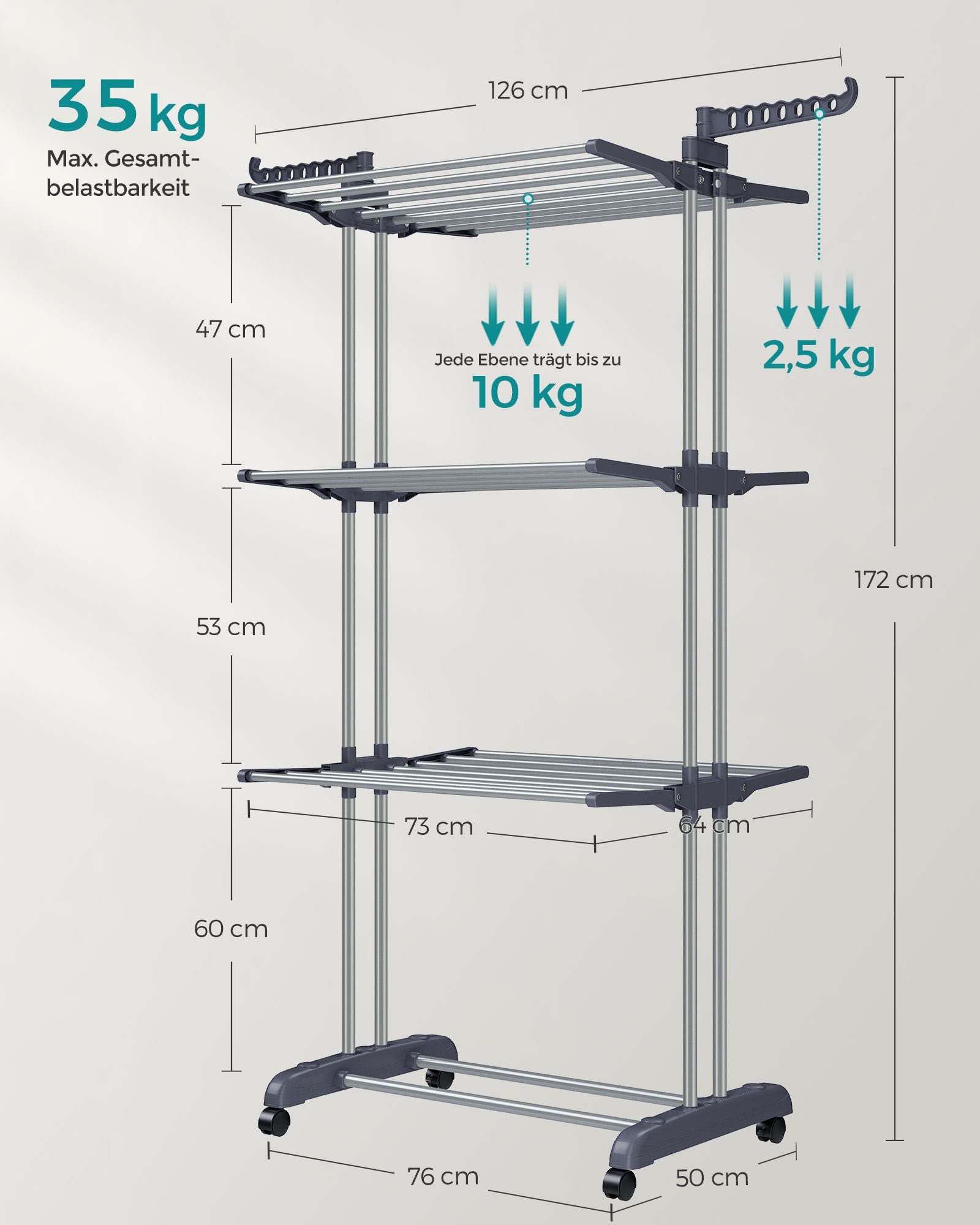 Daring rack - 4 levels - Foldable wings - Gray wheels