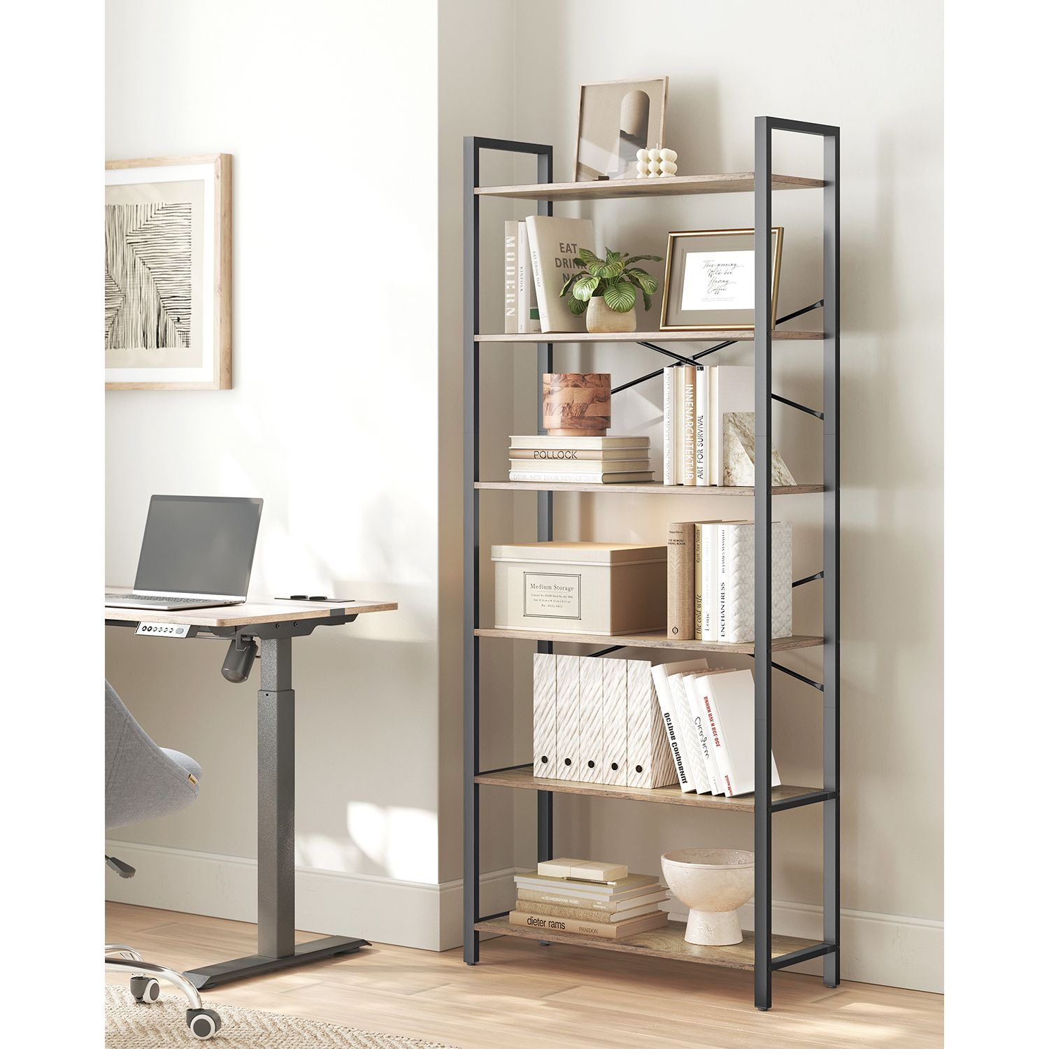 Bookcase-6 levels-30 x 80 x 186 cm-Dark walnut-black