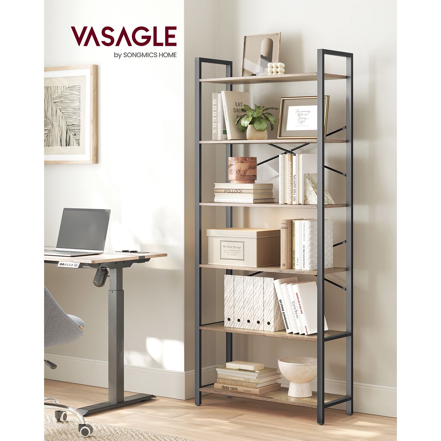 Bookcase-6 levels-30 x 80 x 186 cm-Dark walnut-black